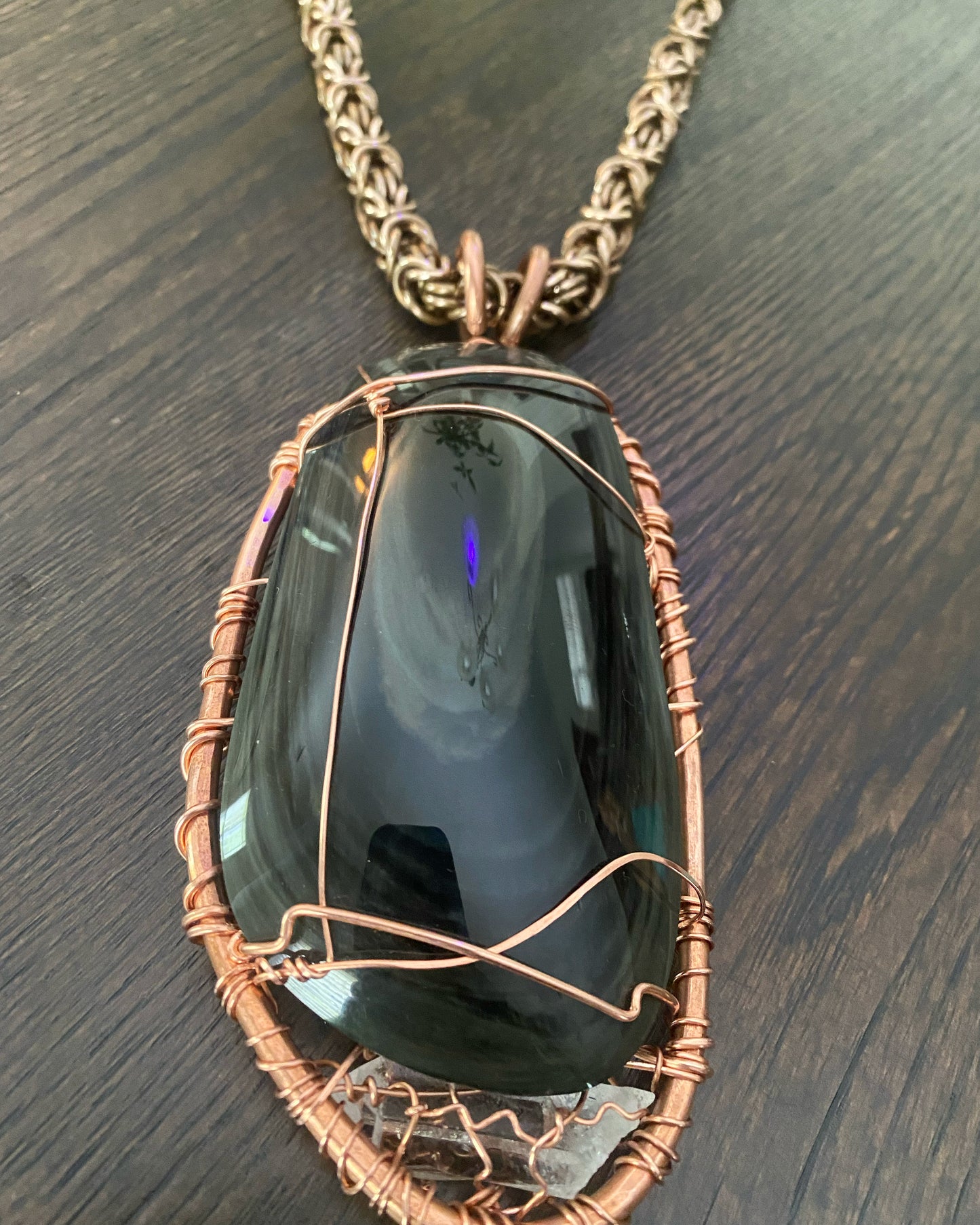 "IMPERIAL GUARD" COPPER+OBSIDIAN +QUARTZ THICK BYZANTINE NECKLACE
