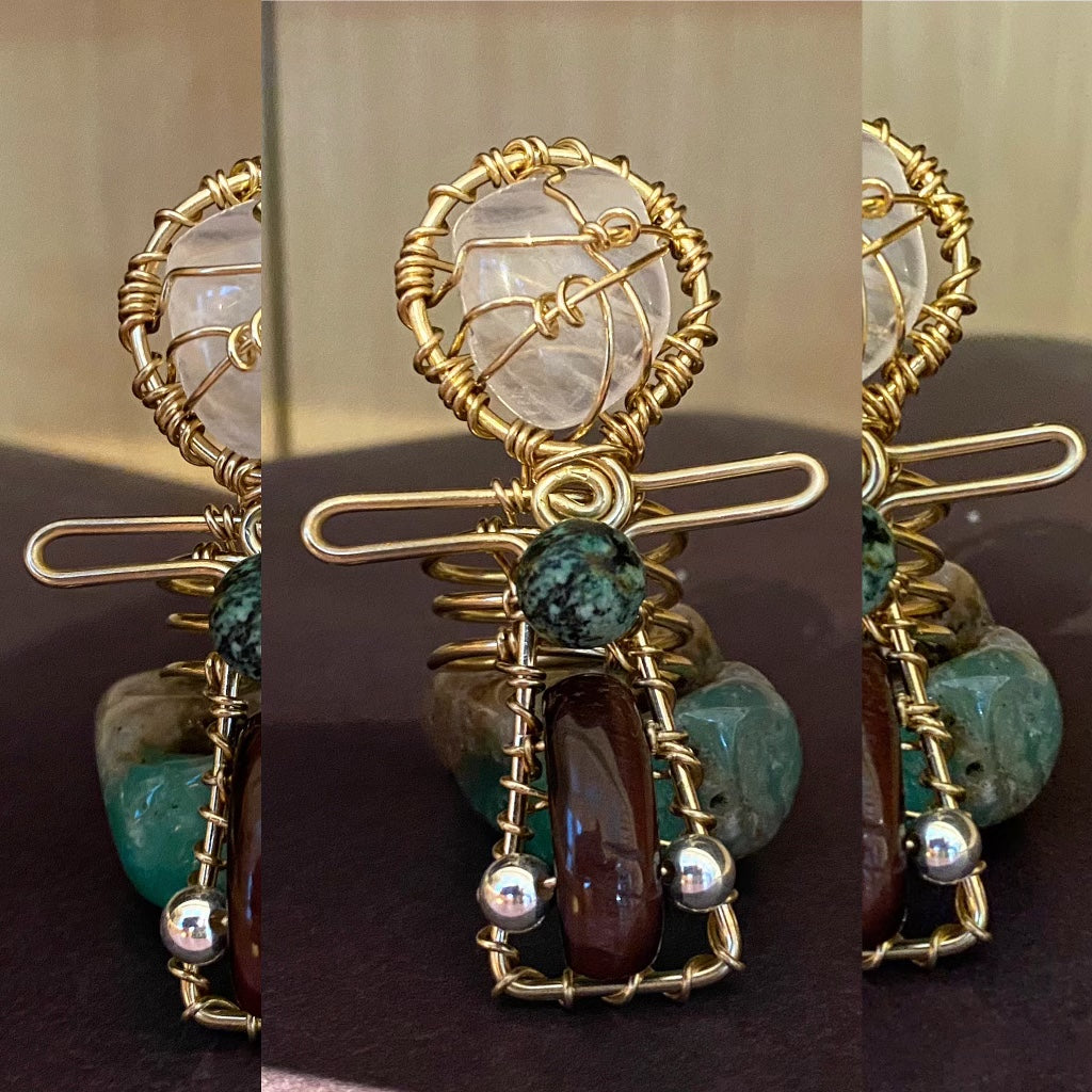 BRONZE+ROSE QUARTZ+TURQUOISE +SILVER+RED TIGERS EYE ANKH RING