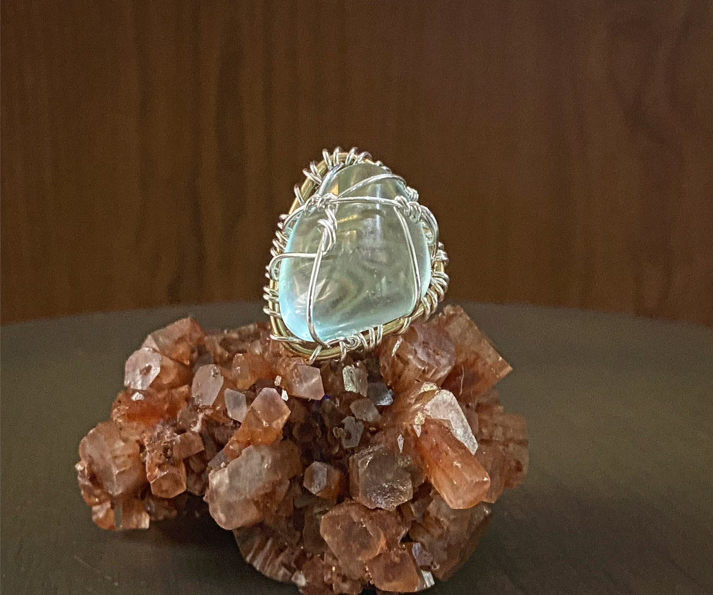 BRONZE+SILVER+BLUE OBSIDIAN RING