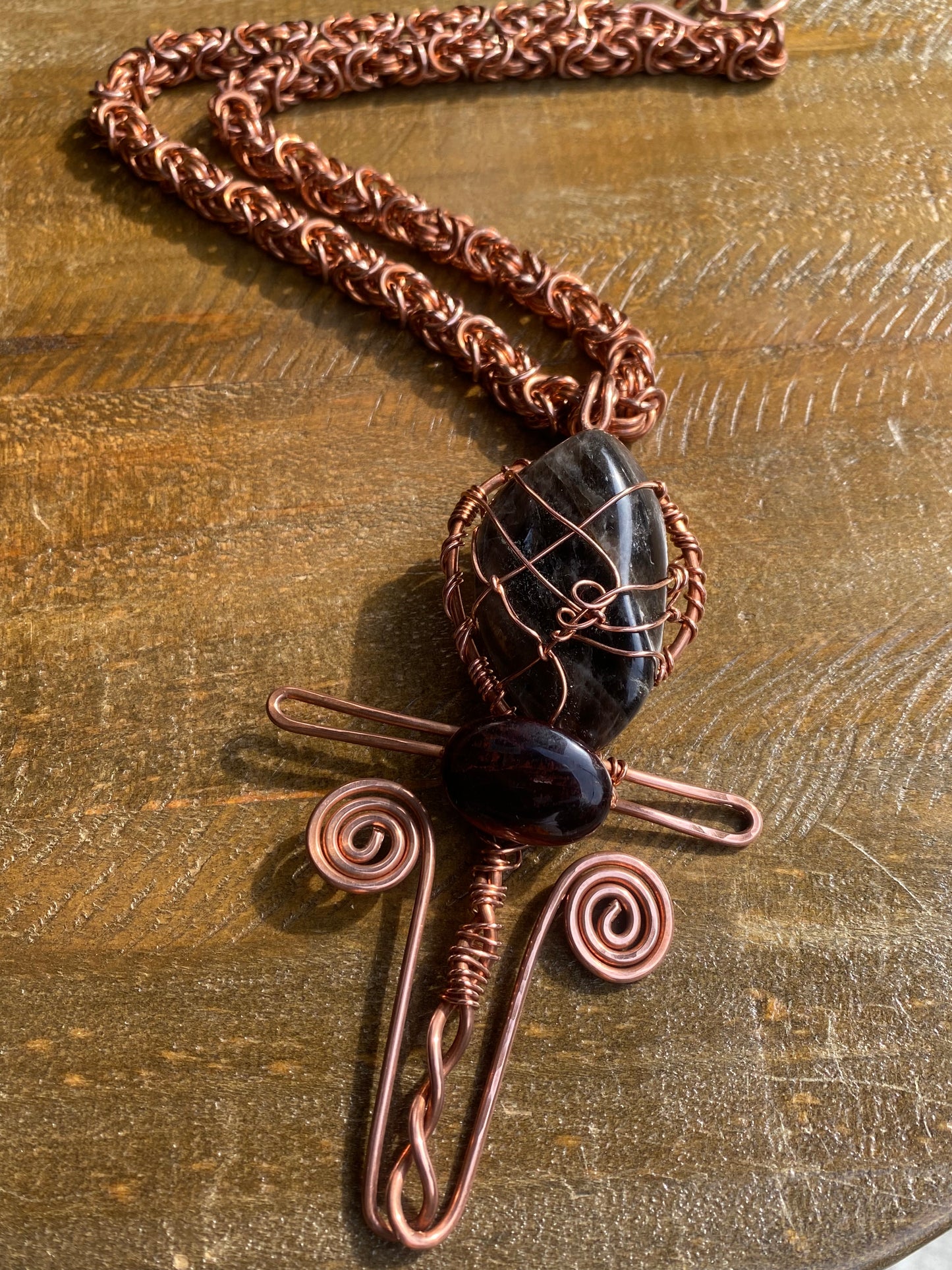 “CRIMSON ACTIVATION” COPPER+SMOKEY QUARTZ+RED TIGERS EYE BYZANTINE NECKLACE