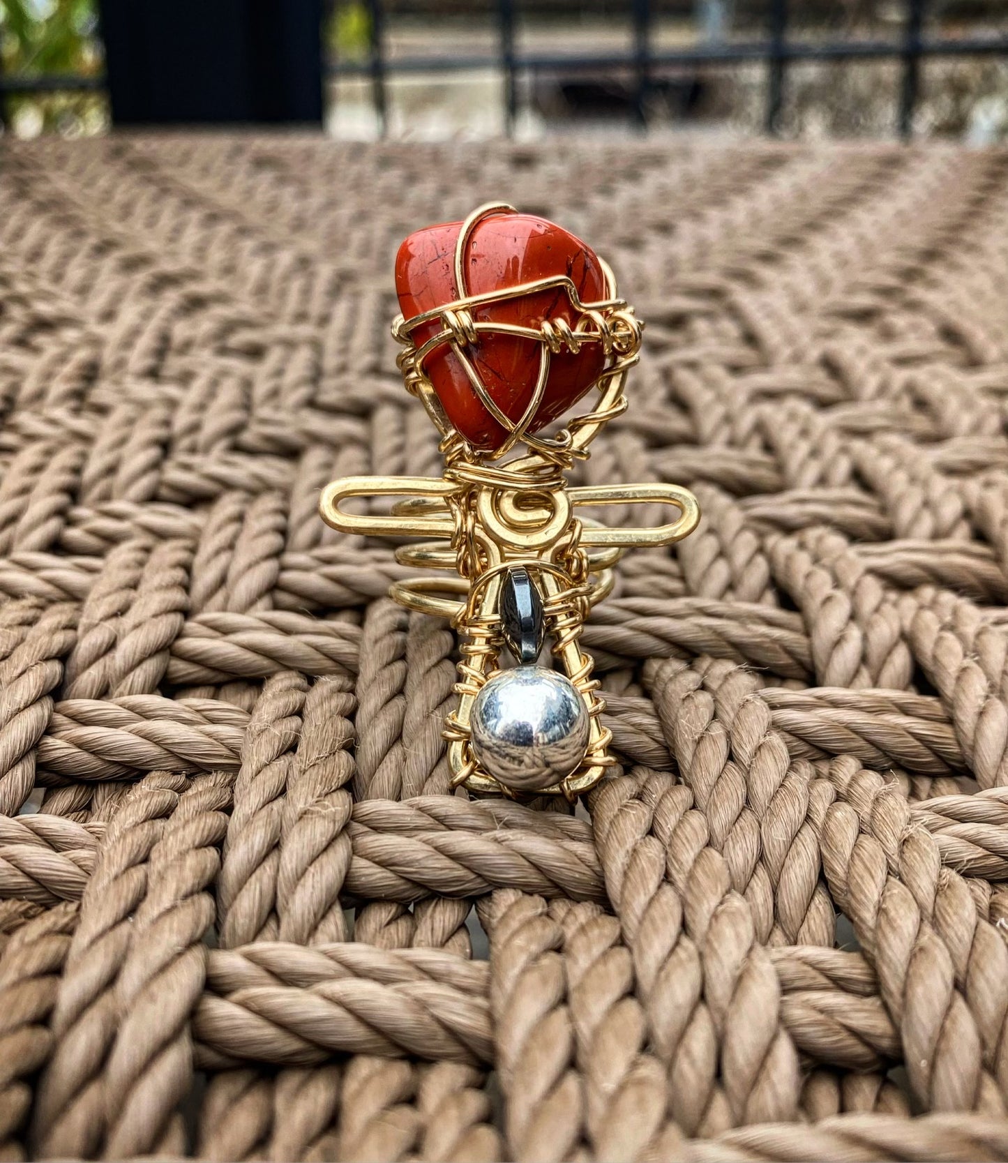 BRONZE+RED JASPER+HEMATITE+ SILVER BALL ANKH RING