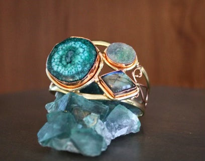 BRASS+COPPER+GREEN AGATE+GREEN DRUZY+LABRADORITE CUFF BRACELET