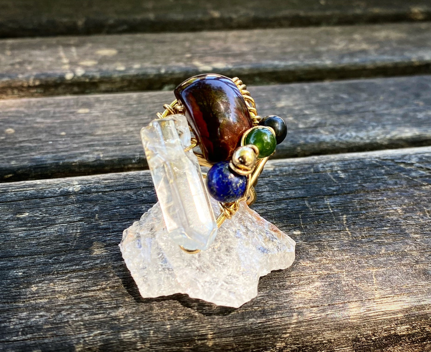 BRONZE+QUARTZ+JADE+SHUNGITE +LAPIS LAZULI+RED TIGERS EYE PARTY RING