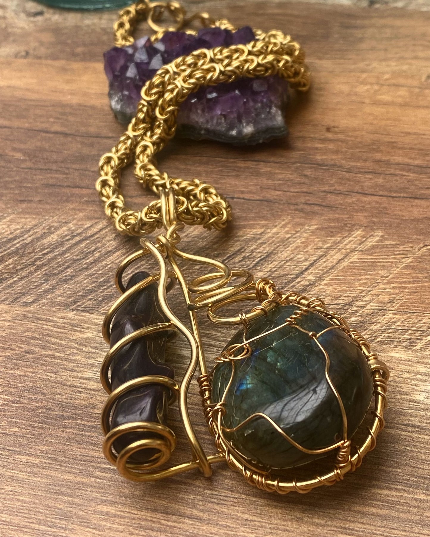 BRONZE+LABRADORITE+CORAL BYZANTINE NECKLACE