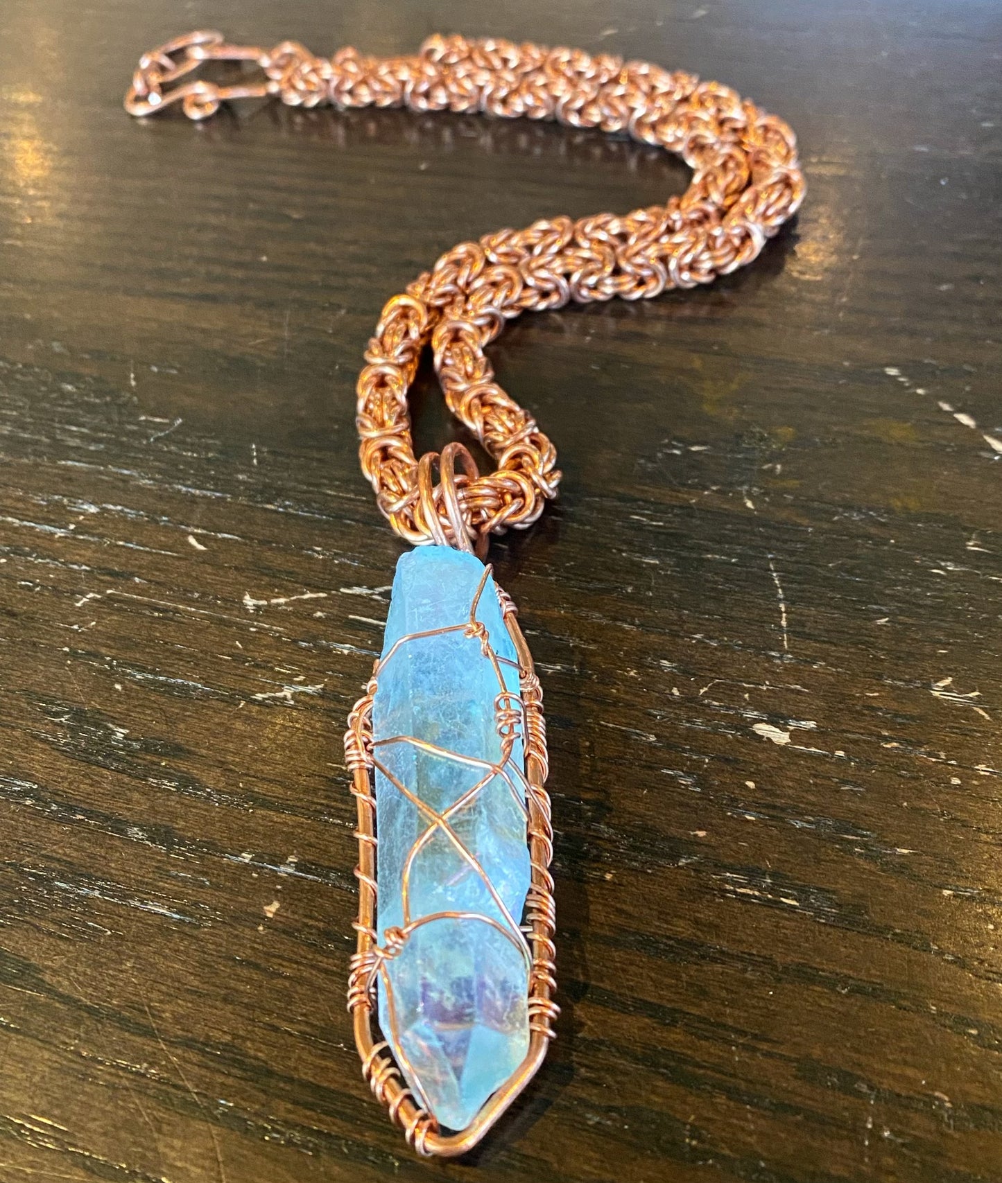 COPPER+AQUA AURA QUARTZ BYZANTINE NECKLACE