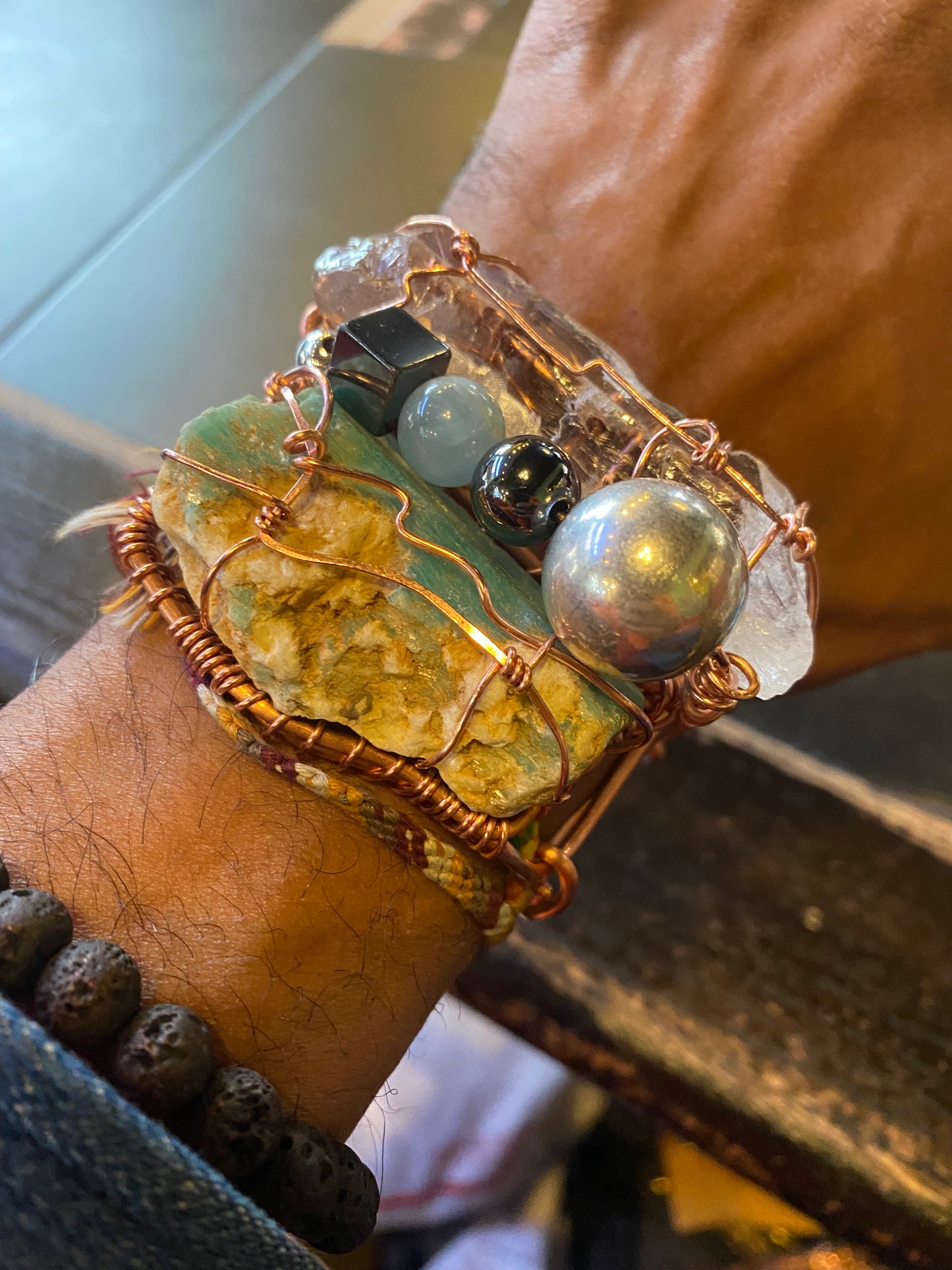 COPPER+AMAZONITE+AQUAMARINE+HEMATITE+SILVER BALL ARCLINK BRACELET