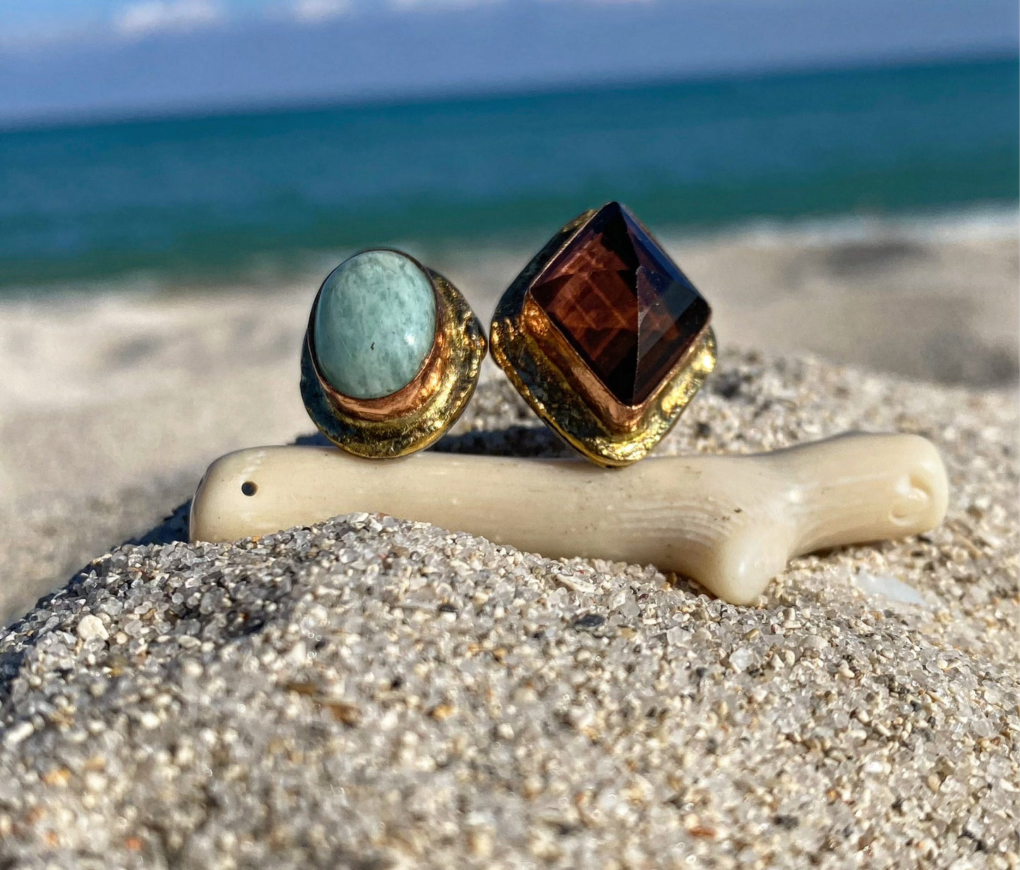 BRASS+COPPER+ SMOKEY AMETHYST+AMAZONITE RING
