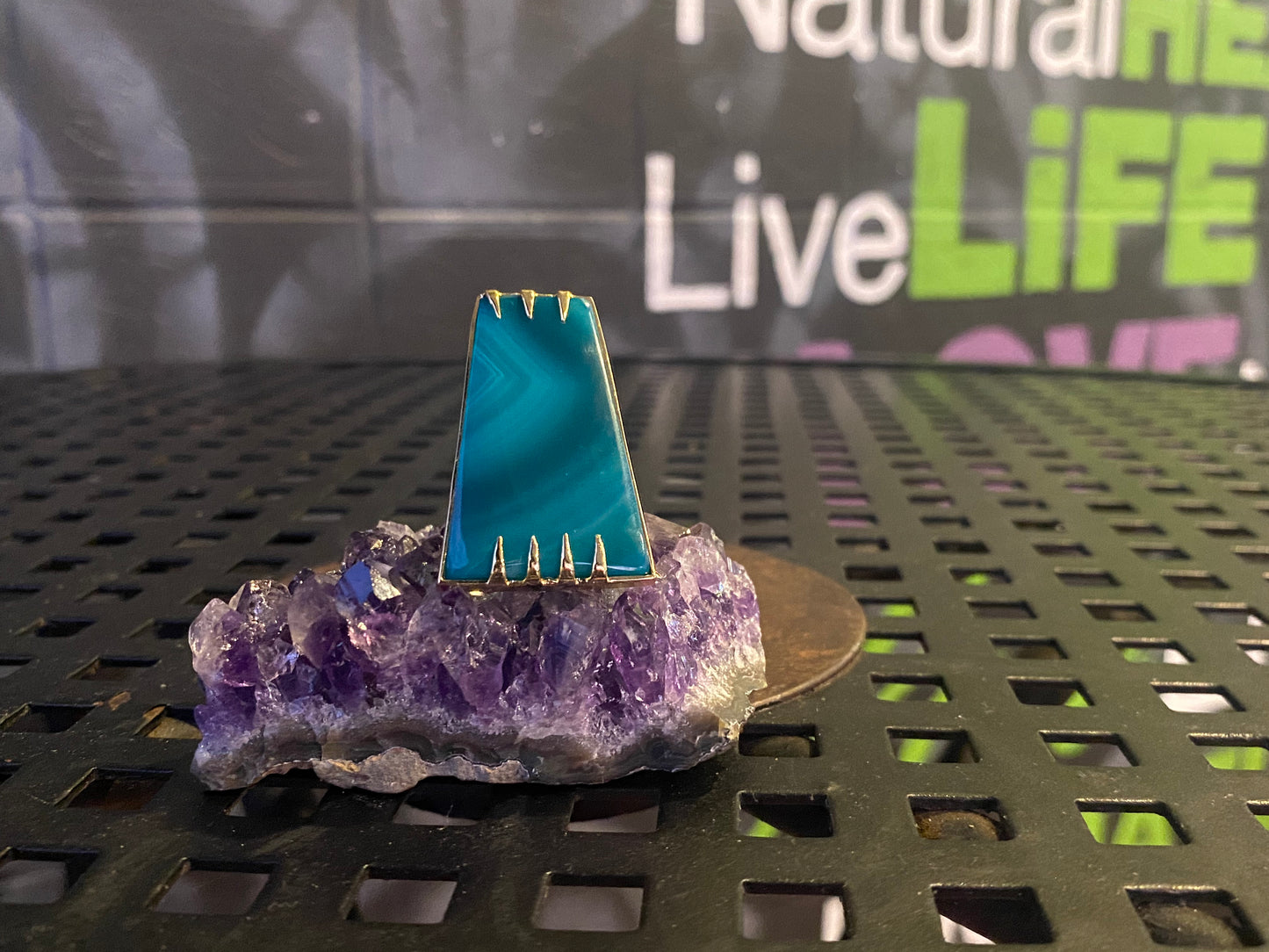 BRASS+GREEN AGATE RING