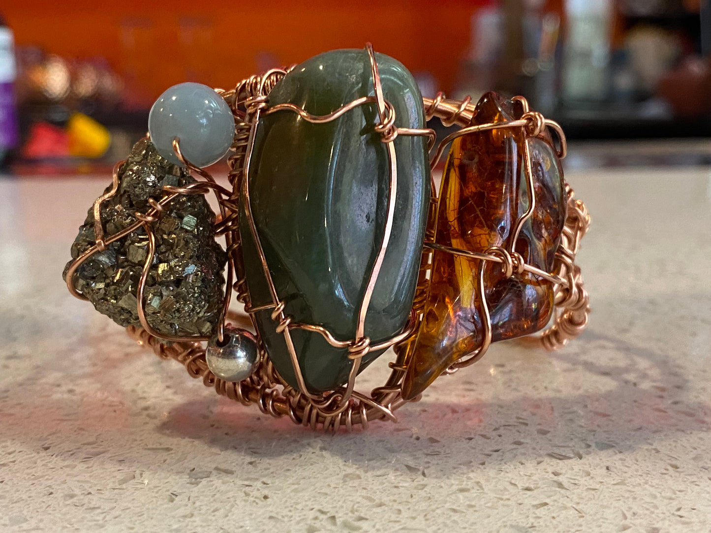 COPPER+AVENTURINE+AMBER+ PYRITE+AQUAMARINE & SILVER BEAD CUFF BRACELET