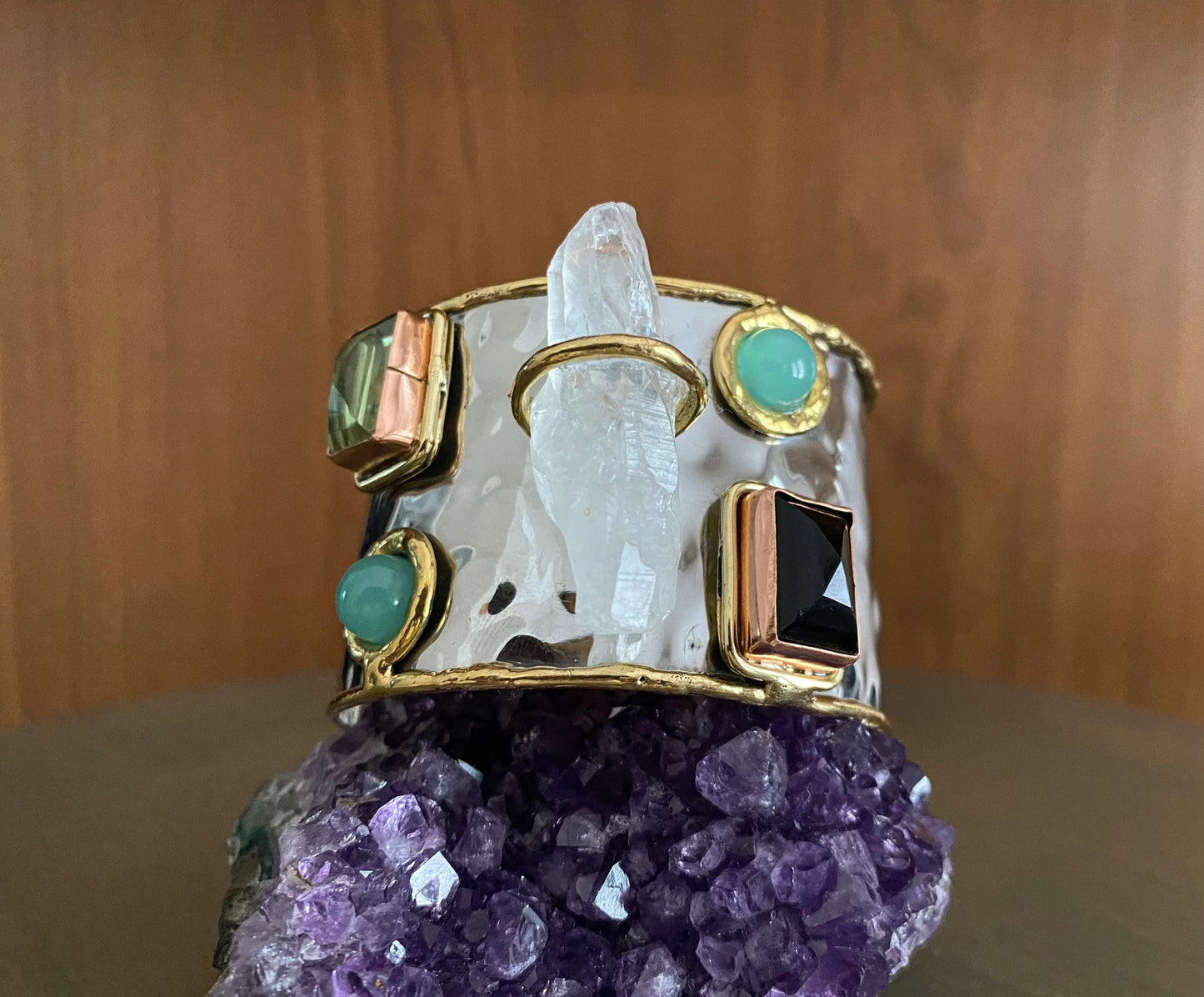 STAINLESS STEEL+COPPER+BRASS+ONYX+PRASIOLITE+AVENTURINE+QUARTZ CUFF BRACELET