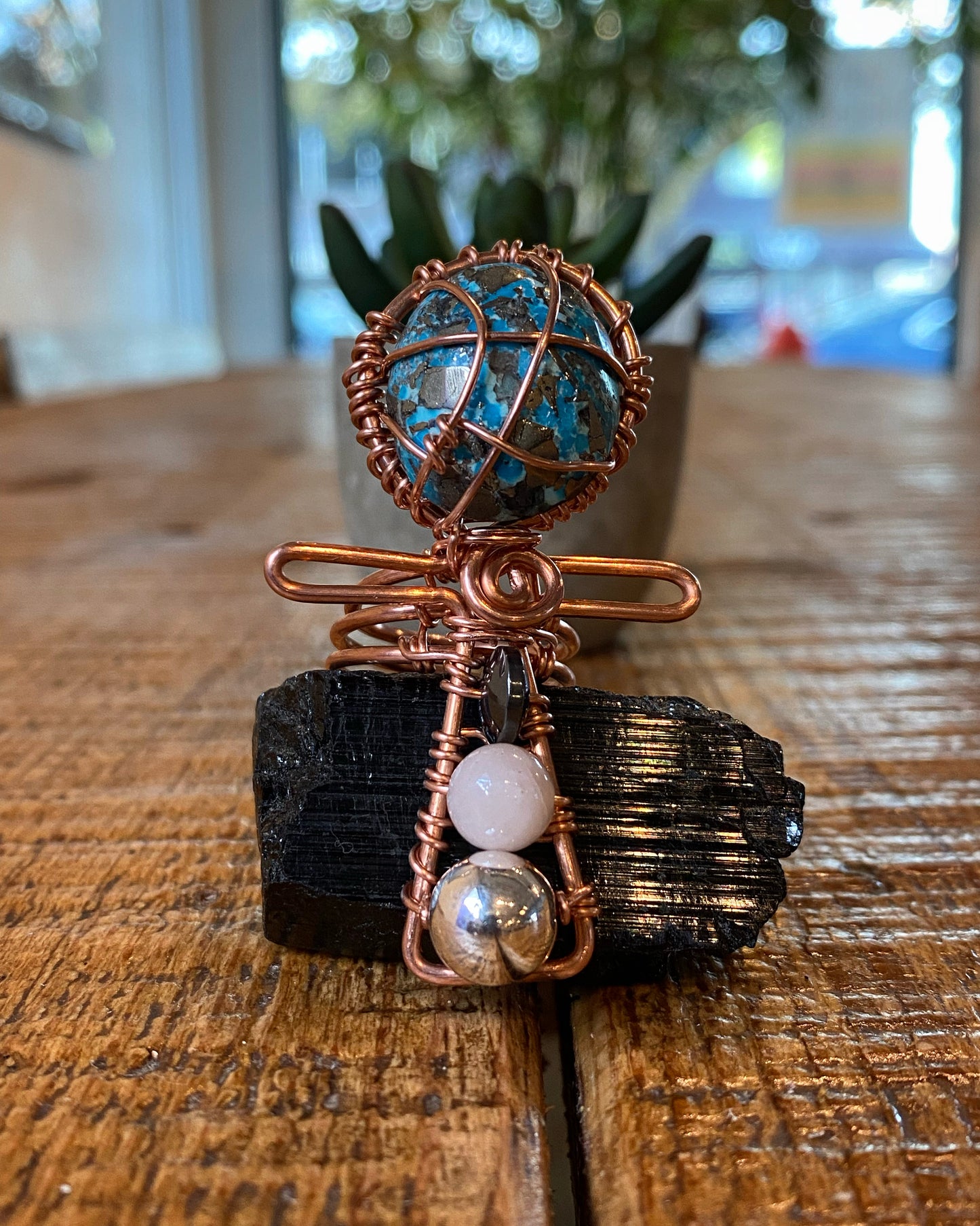 COPPER+EXOTIC TURQUOISE+HEMATITE+ROSE QUARTZ+SILVER ANKH RING