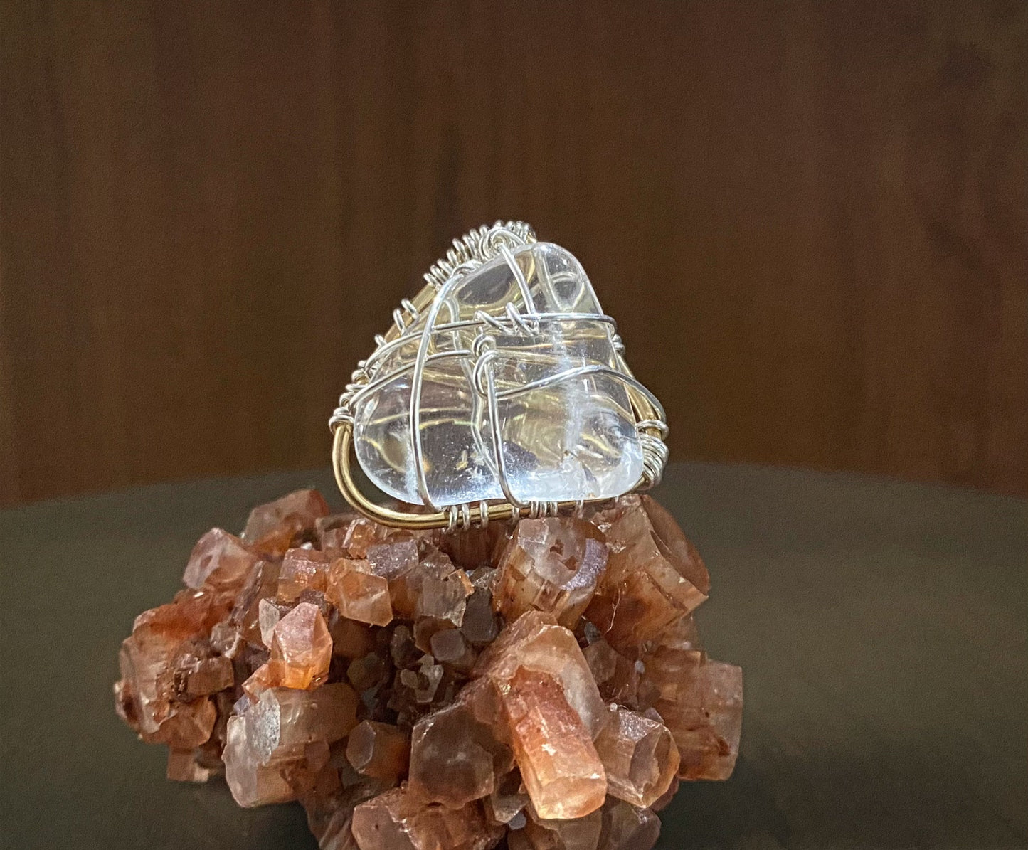 BRONZE+SILVER+CLEAR QUARTZ RING