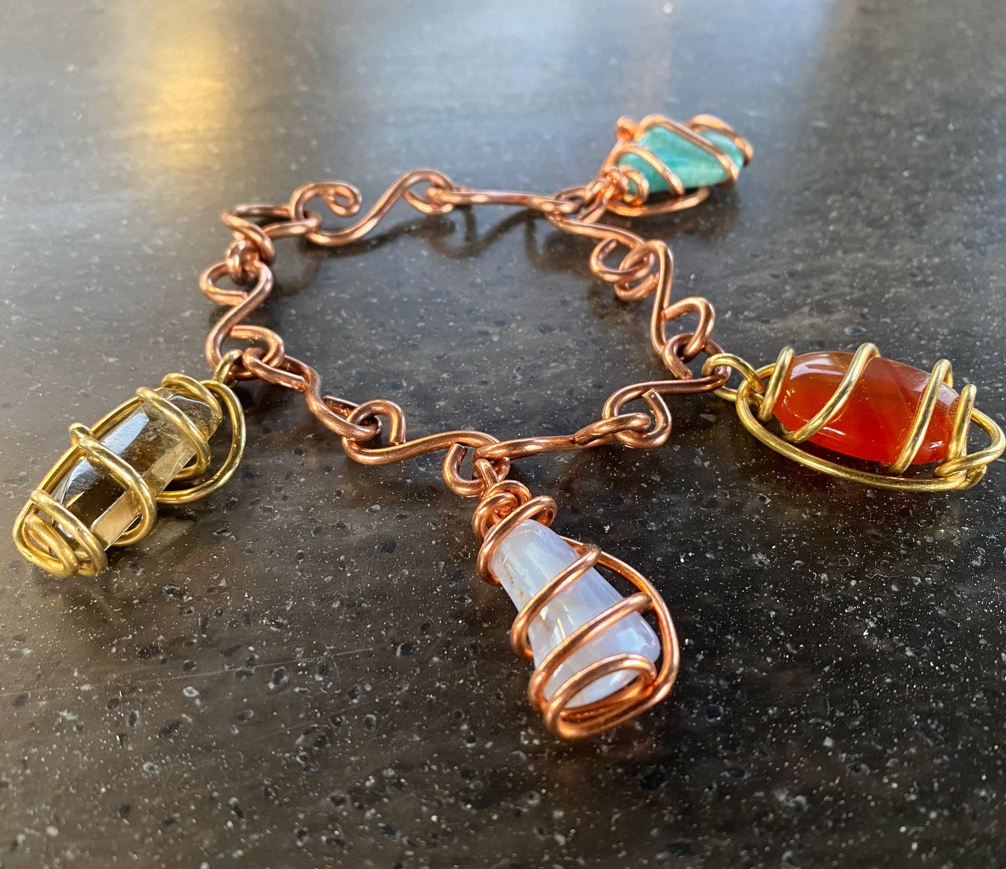 COPPER+BRONZE•TURQUOISE•CARNELIAN•BLUE LACED AGATE•SMOKEY QUARTZ CHARM BRACELET