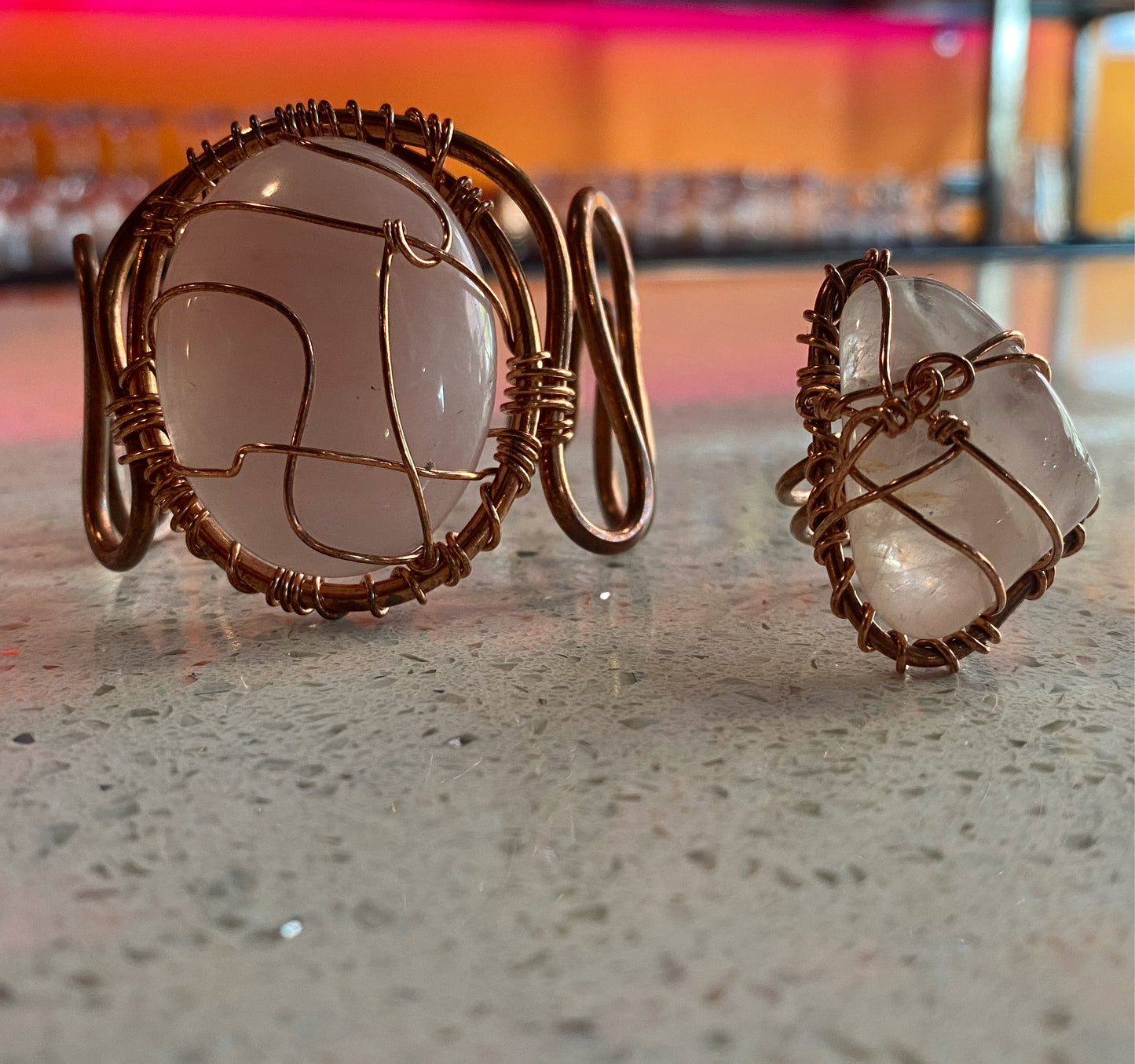 COPPER+ROSE QUARTZ WAVE CUFF BRACELET