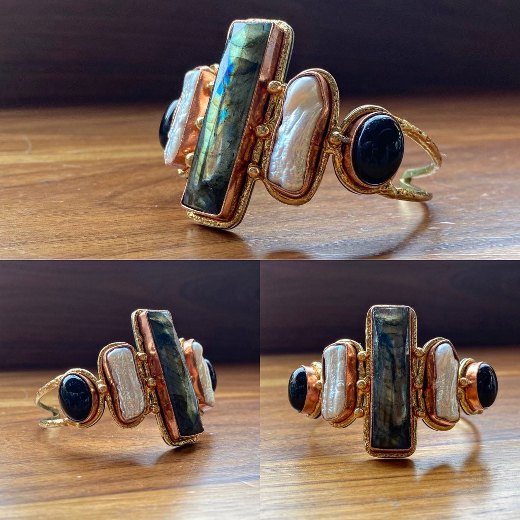 COPPER+BRASS+LABRADORITE+ PEARL+ONYX CUFF BRACELET