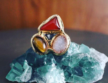 BRASS+COPPER+  CARNELIAN+  QUARTZ DRUZY+TIGERS EYE✨TRINITY✨RING