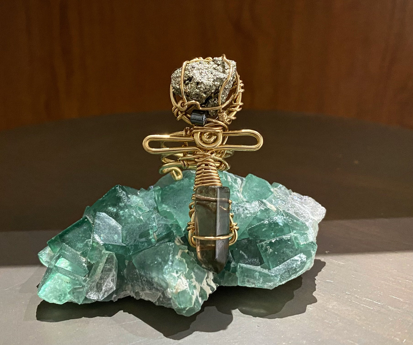 BRONZE+PYRITE+SMOKEY QUARTZ ANKH RING