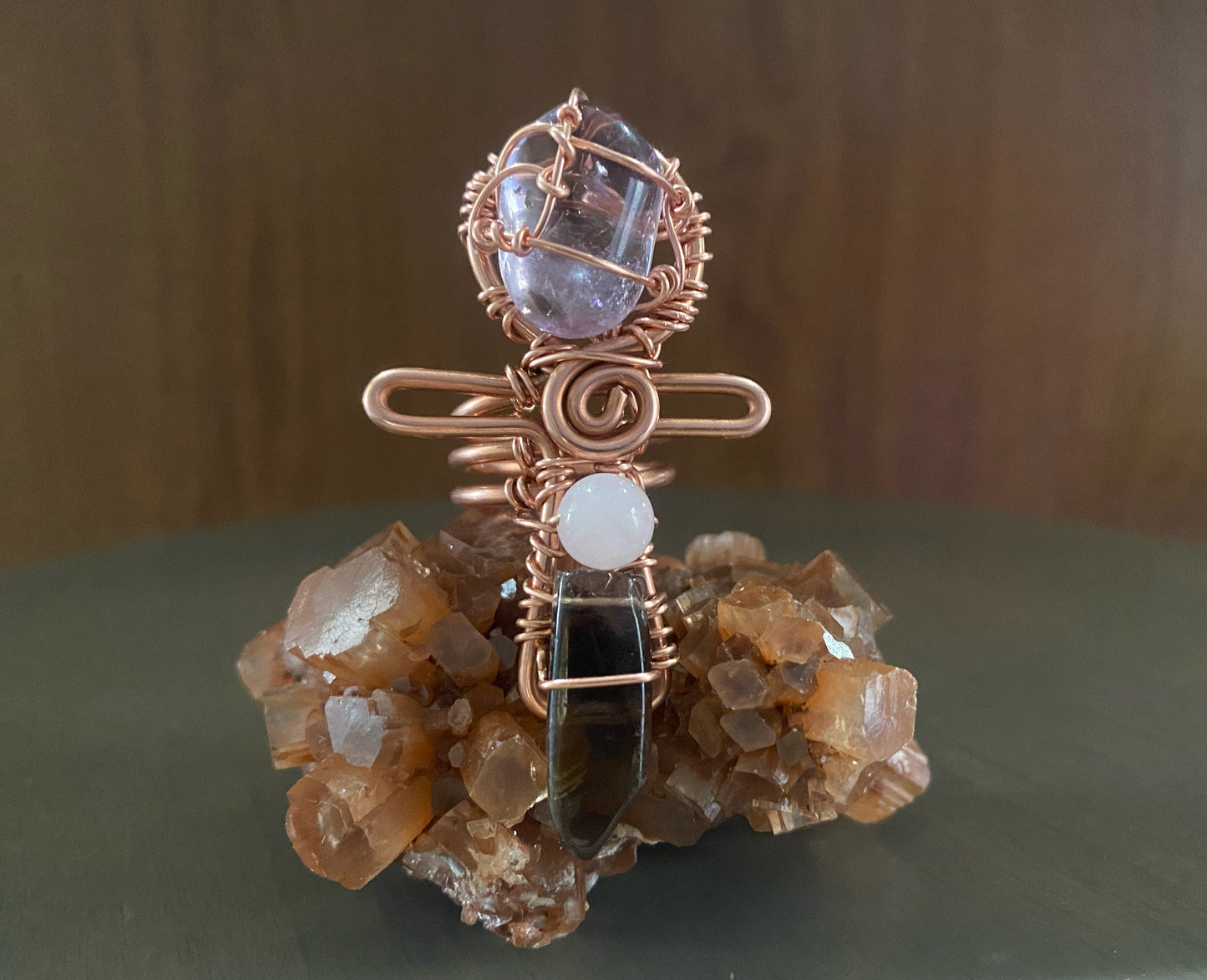 COPPER+AMETRINE+ROSE QUARTZ+SMOKEY QUARTZ ANKH RING