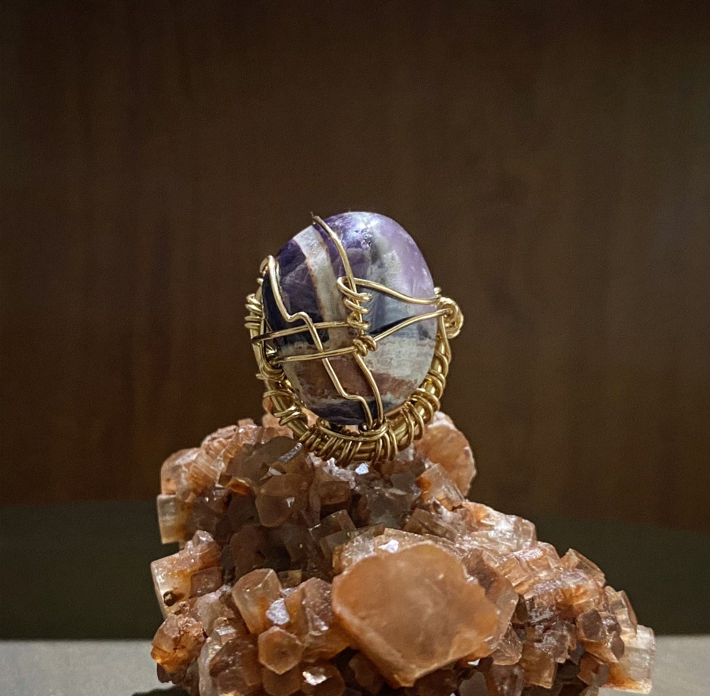 BRONZE+CHEVRON AMETHYST RING