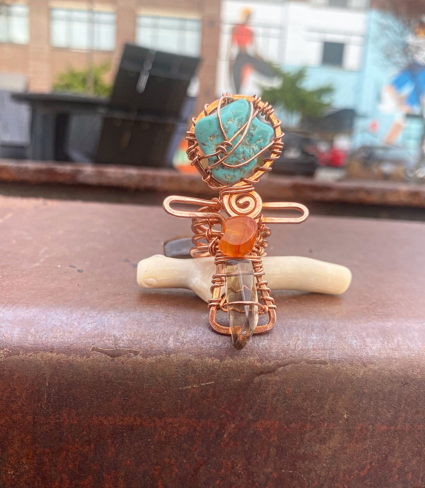 COPPER+TURQUOISE+ CARNELIAN+SMOKEY QUARTZ ANKH RING
