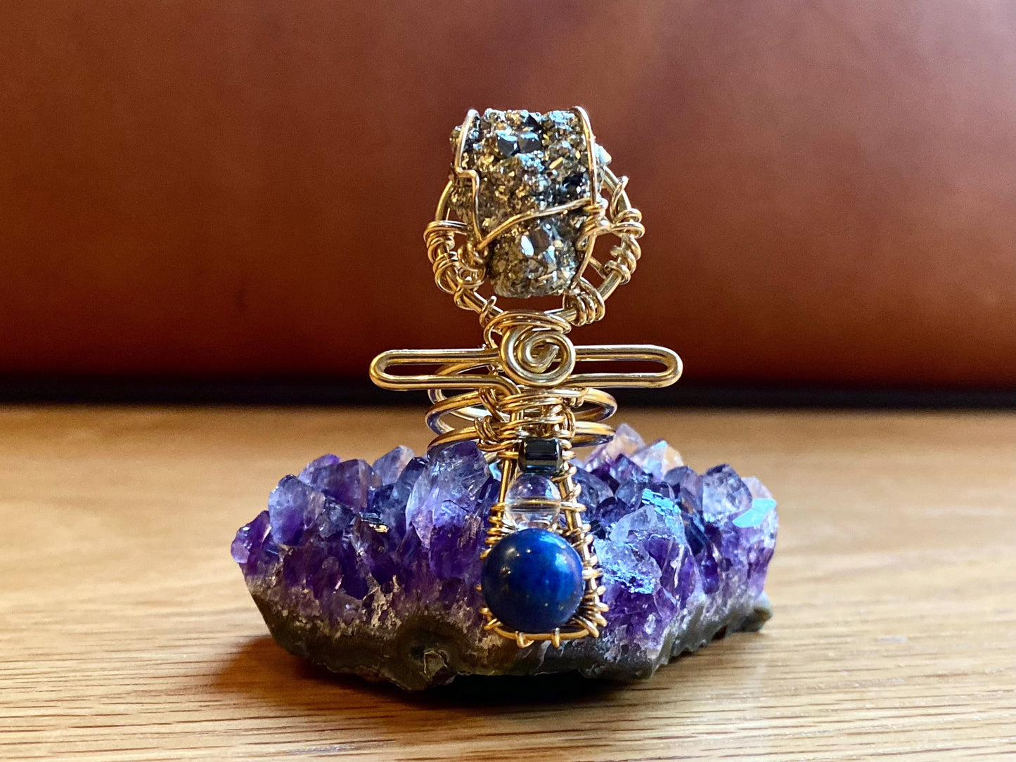 BRONZE+PYRITE+LAPIS LAZULI+HEMATITE ANKH RING