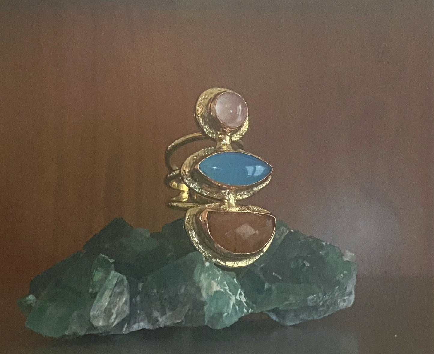 BRASS+ROSE QUARTZ+CHALCEDONY+CARNELIAN ✨TRINITY✨RING