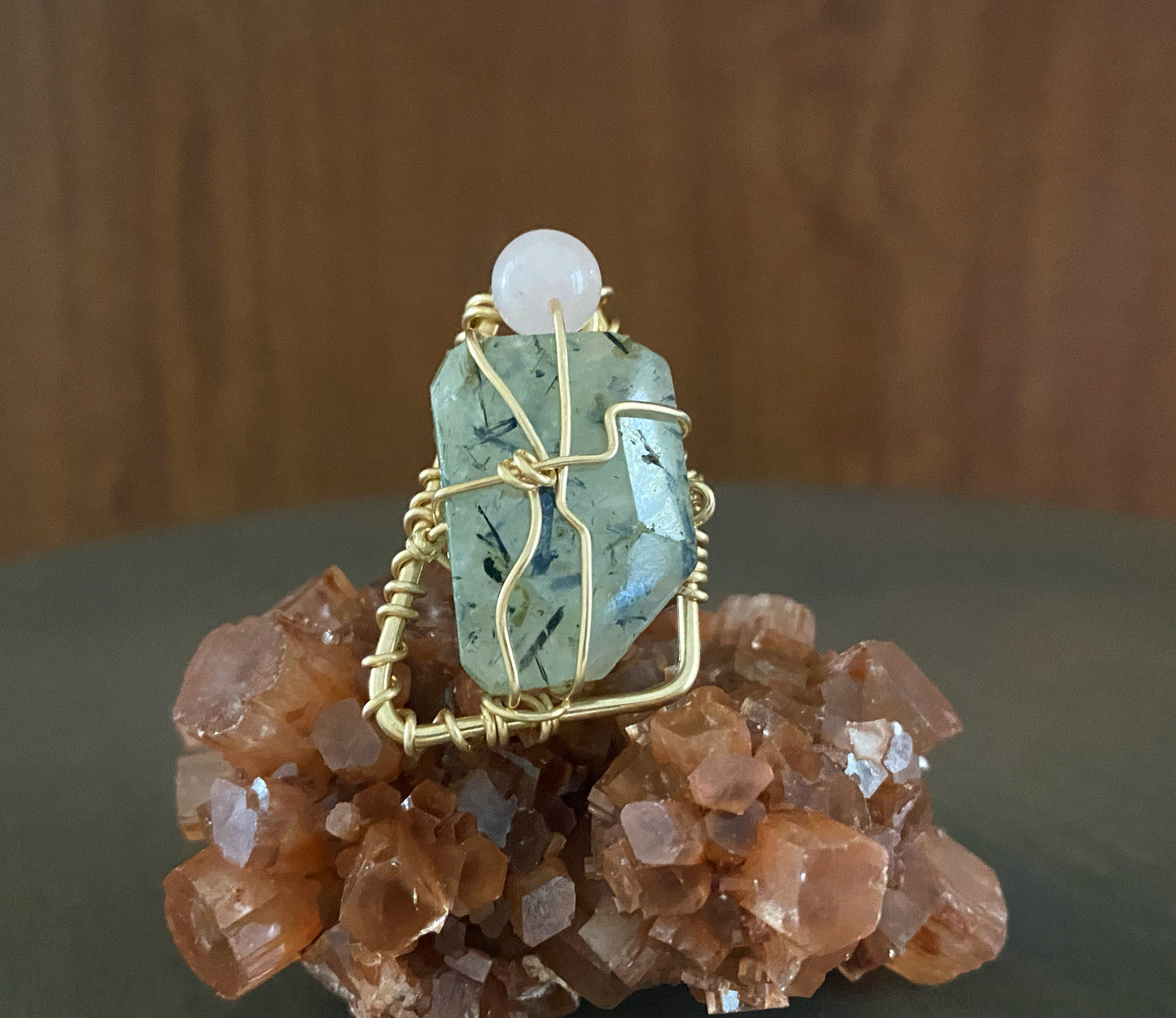 BRONZE+PREHNITE+ROSE QUARTZ RING