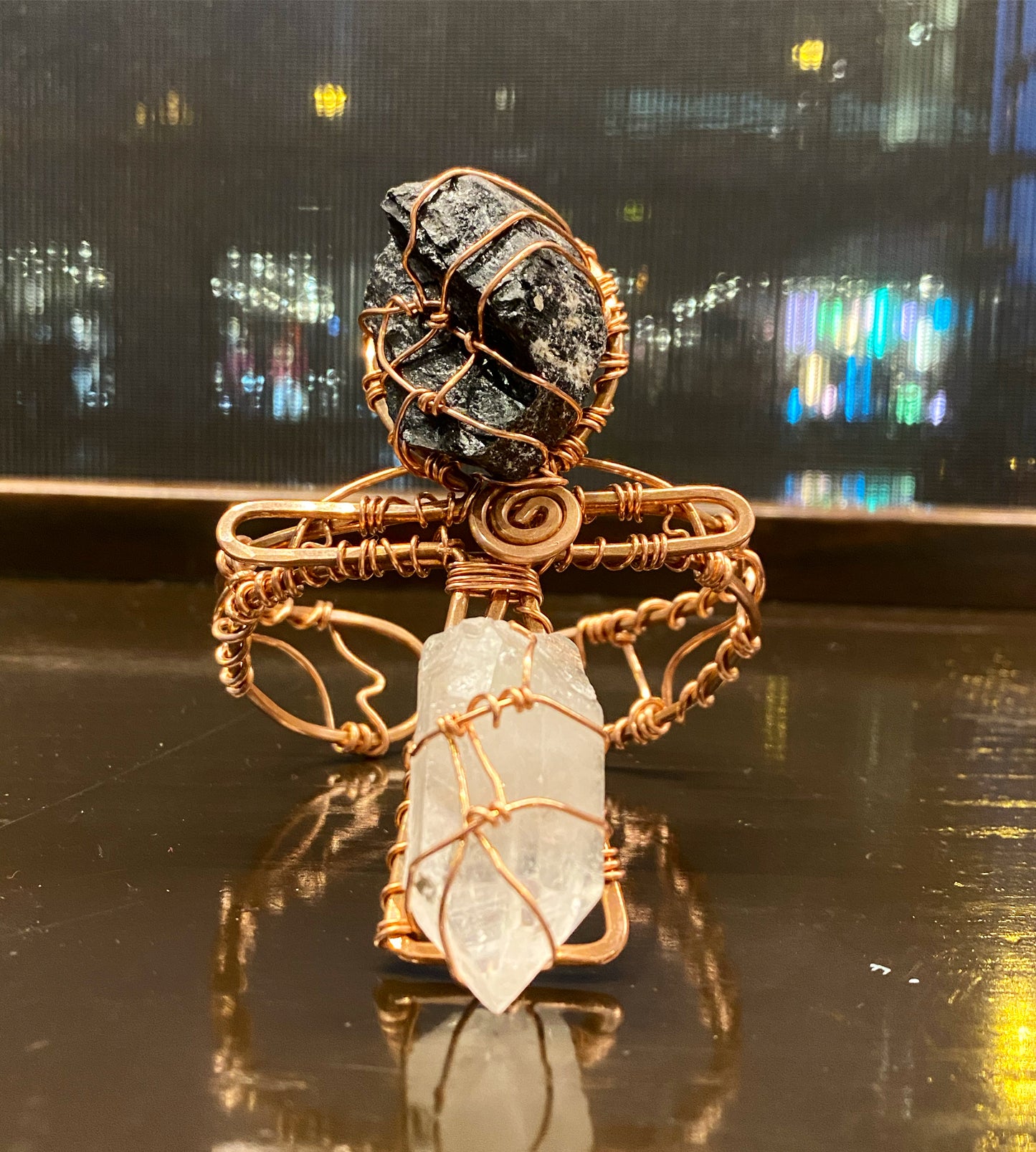 COPPER+BLACK TOURMALINE+CLEAR QUARTZ ANKH CUFF BRACELET