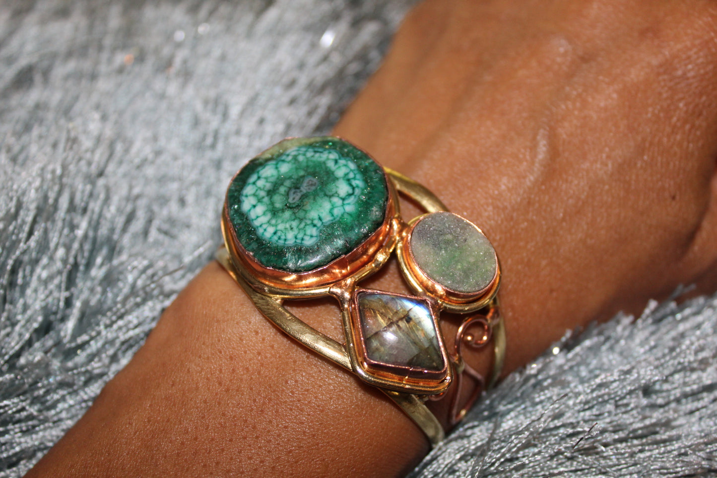 BRASS+COPPER+GREEN AGATE+GREEN DRUZY+LABRADORITE CUFF BRACELET
