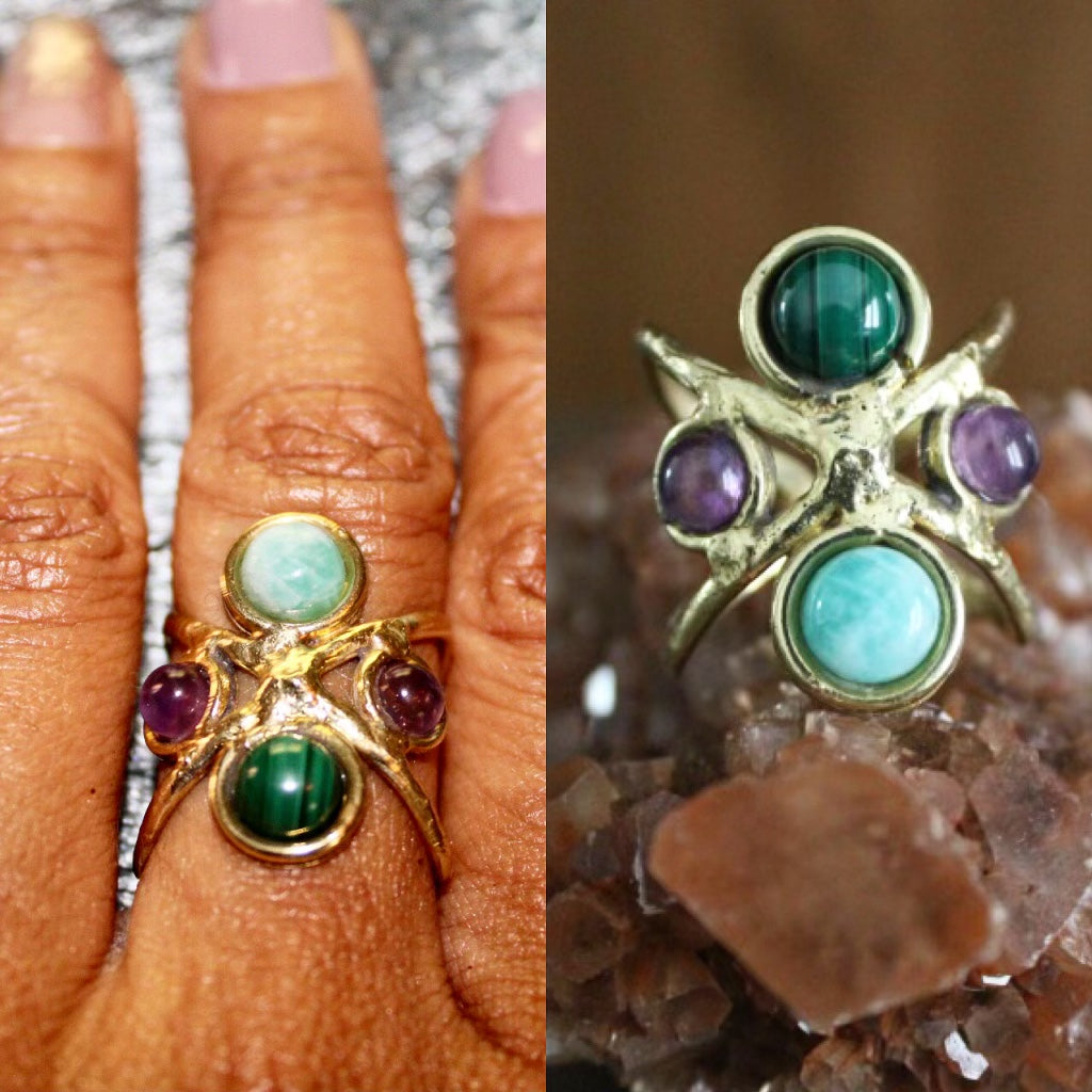 BRASS+AMAZONITE+ AMETHYST+MALACHITE RING