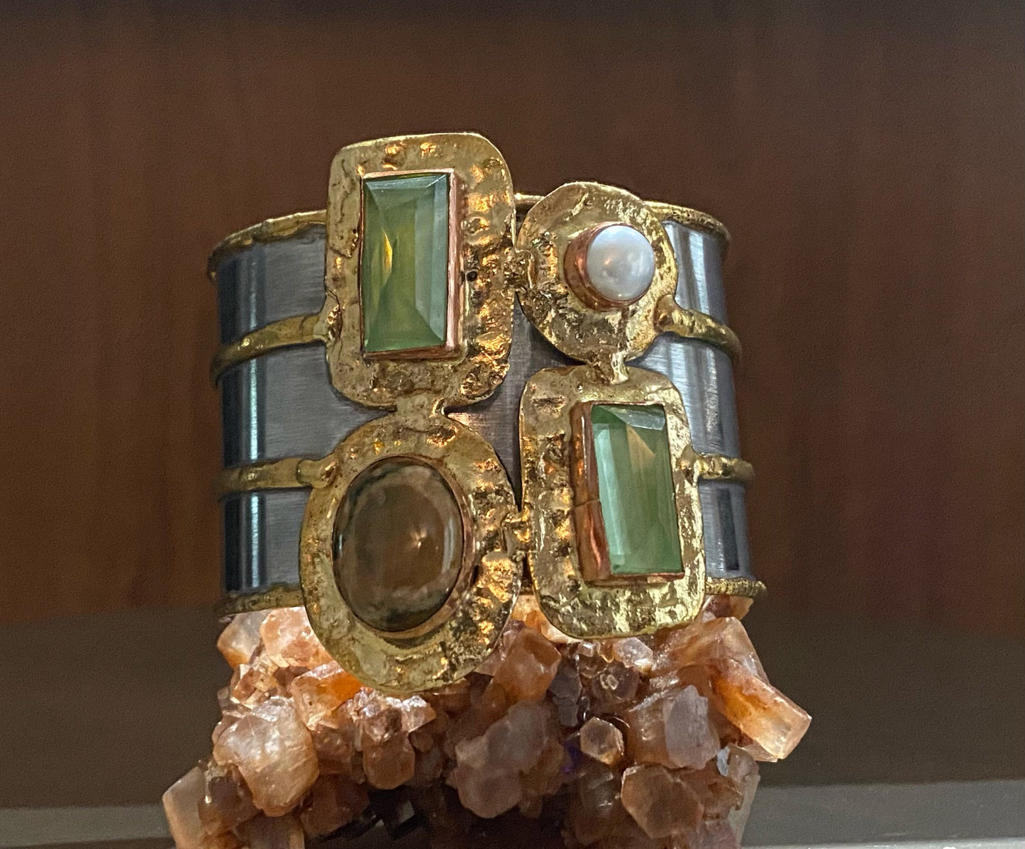 STAINLESS STEEL+BRASS+COPPER+VERDE CRYSTAL+JASPER+PEARL CUFF BRACELET