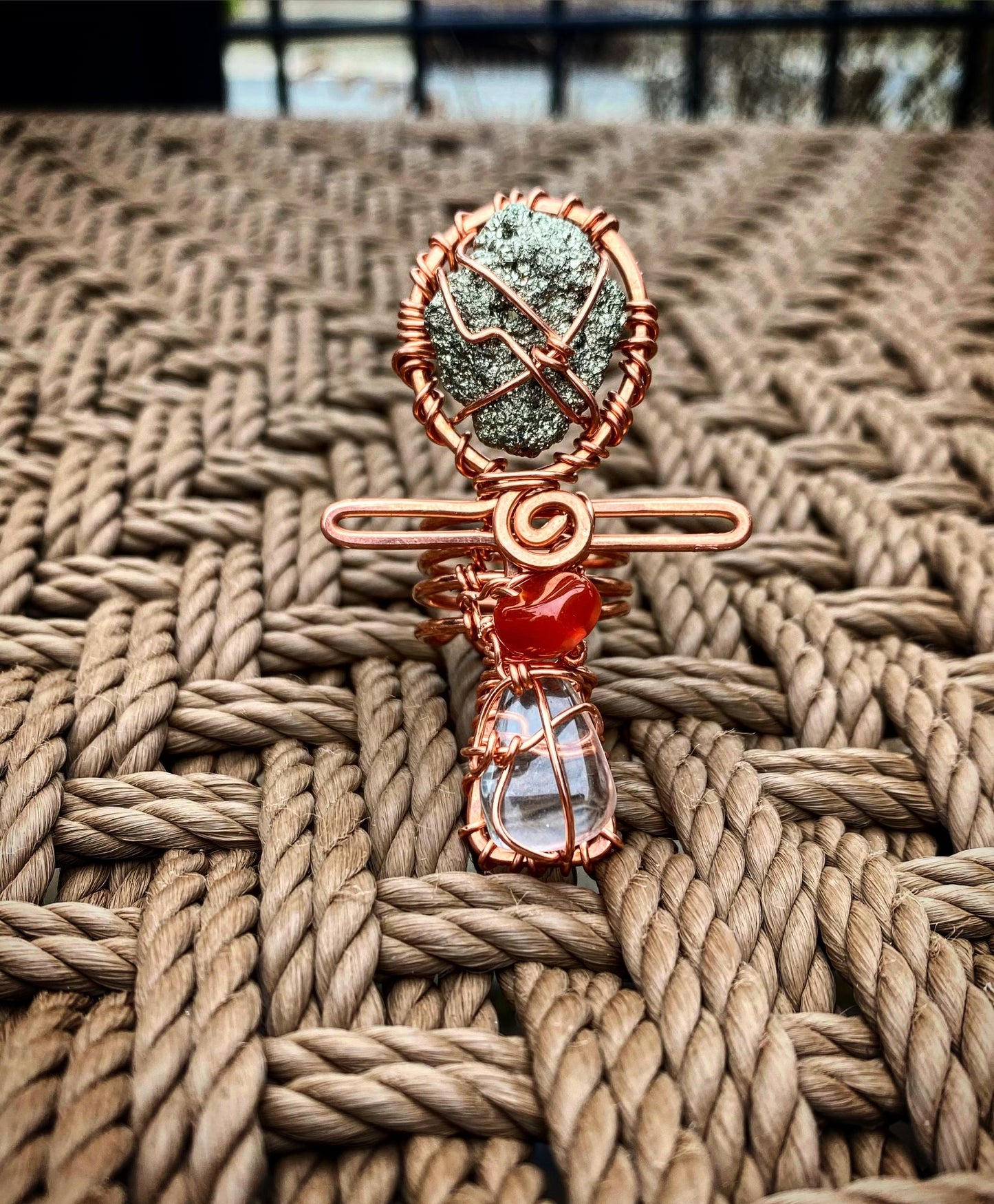 COPPER+PYRITE+ CARNELIAN +CLEAR QUARTZ ANKH RING