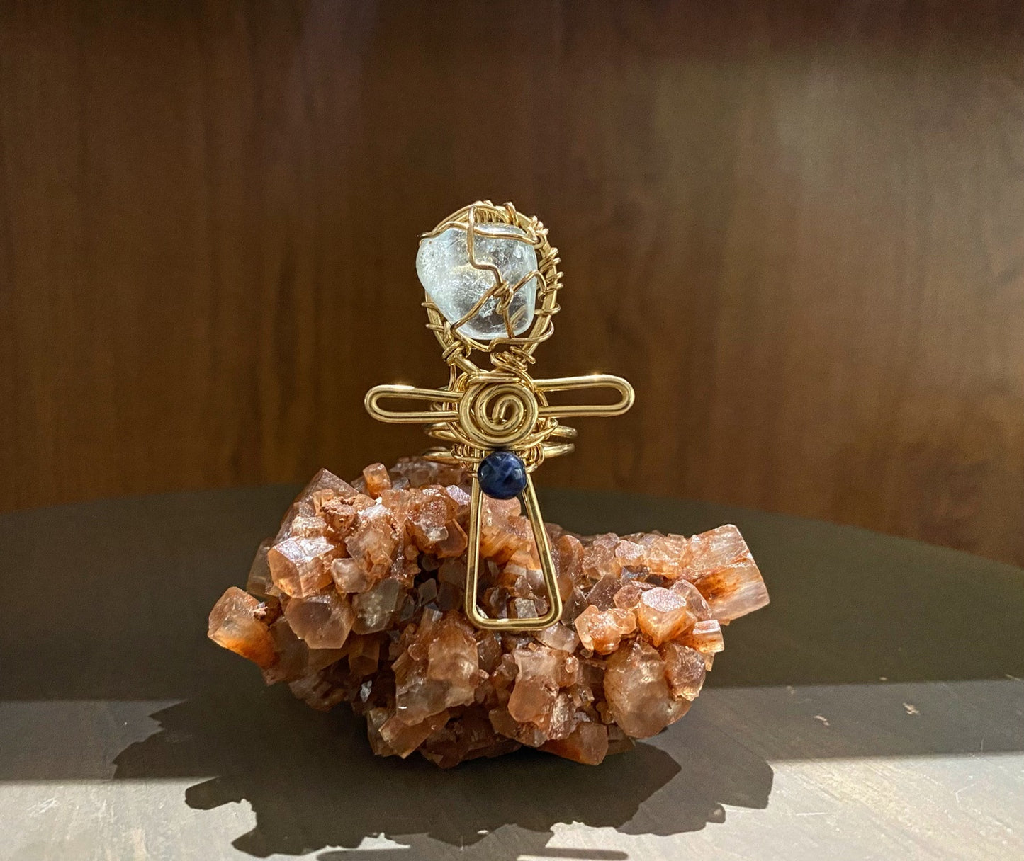 BRONZE+BLUE TOPAZ+SODALITE ANKH RING