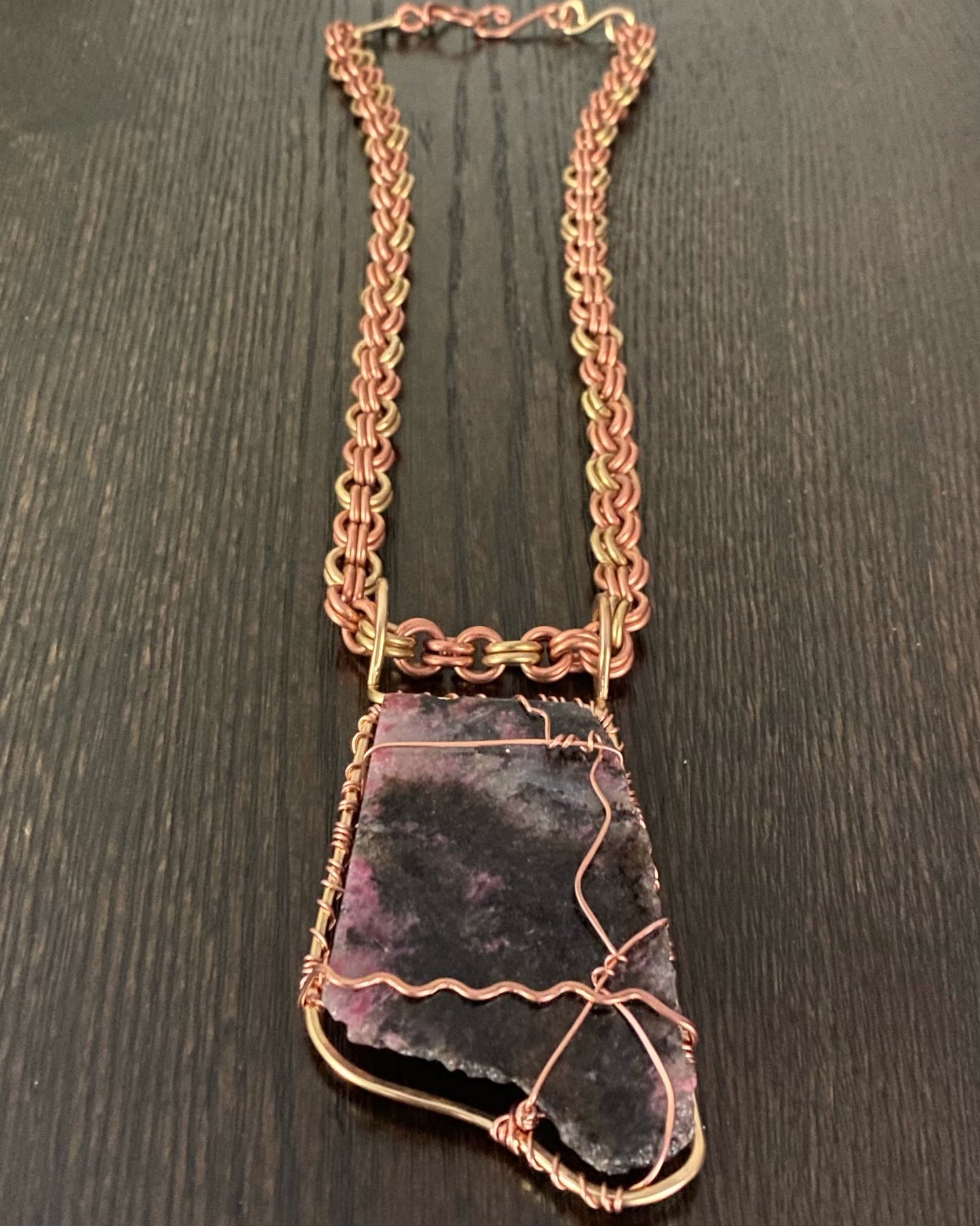 COPPER+BRONZE+RHODONITE SOL•CIRCLE LINK NECKLACE