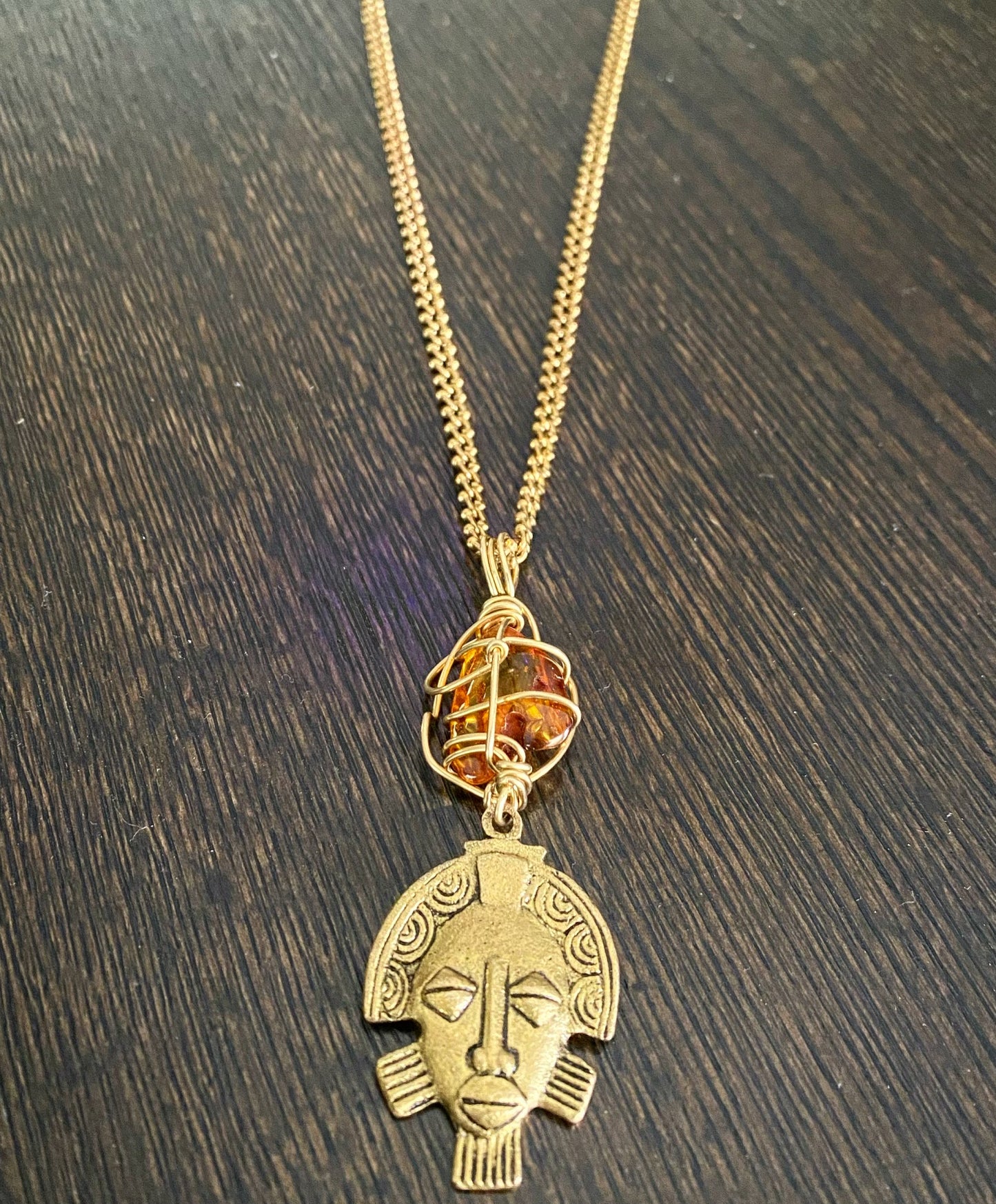 BRONZE+AMBER+BRONZE WEST AFRICAN MASK NECKLACE