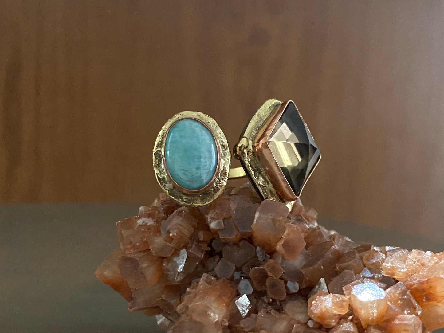 BRASS+COPPER+ SMOKEY AMETHYST+AMAZONITE RING