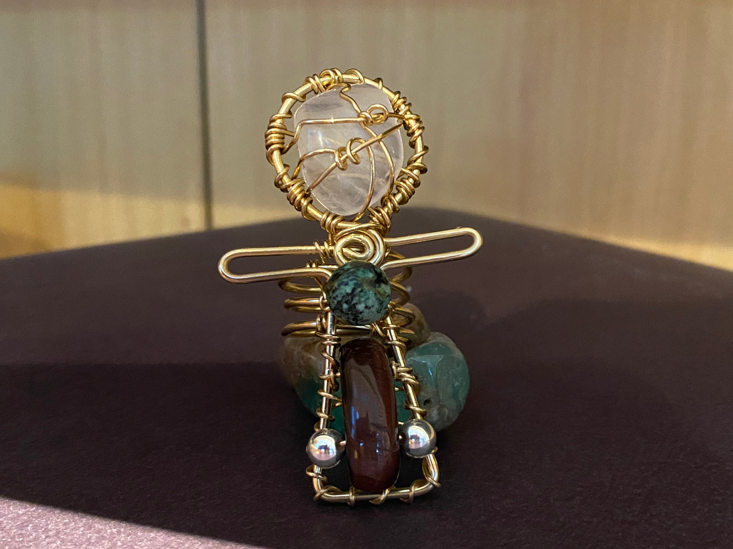 BRONZE+ROSE QUARTZ+TURQUOISE +SILVER+RED TIGERS EYE ANKH RING