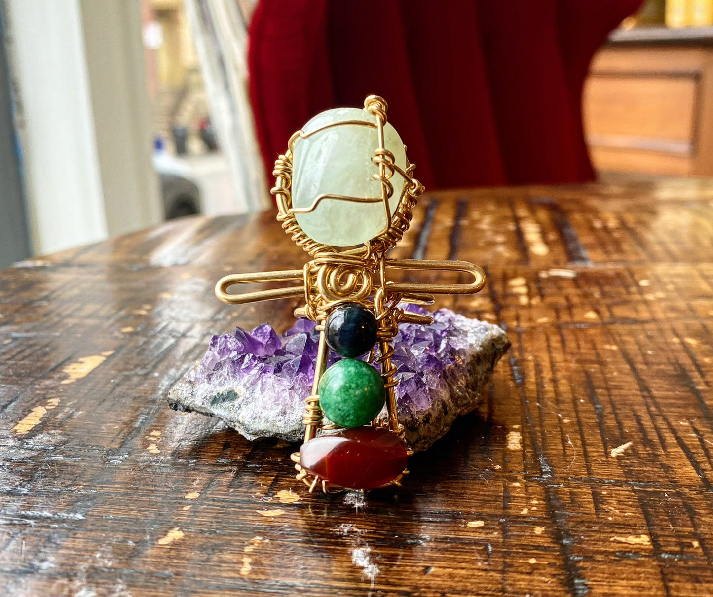 BRONZE+NEPHRITE JADE +BLUE TIGERS EYE+AVENTURINE +CARNELIAN ANKH RING