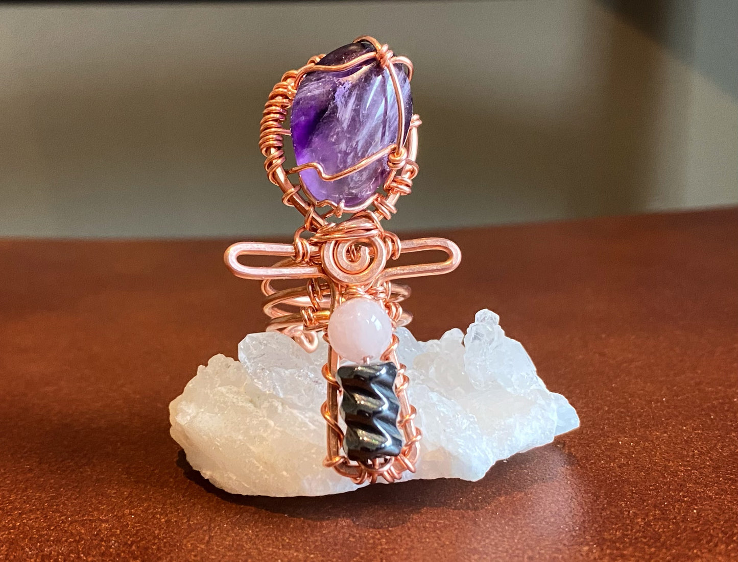 COPER+AMETHYST+ROSE QUARTZ+HEMATITE ANKH RING