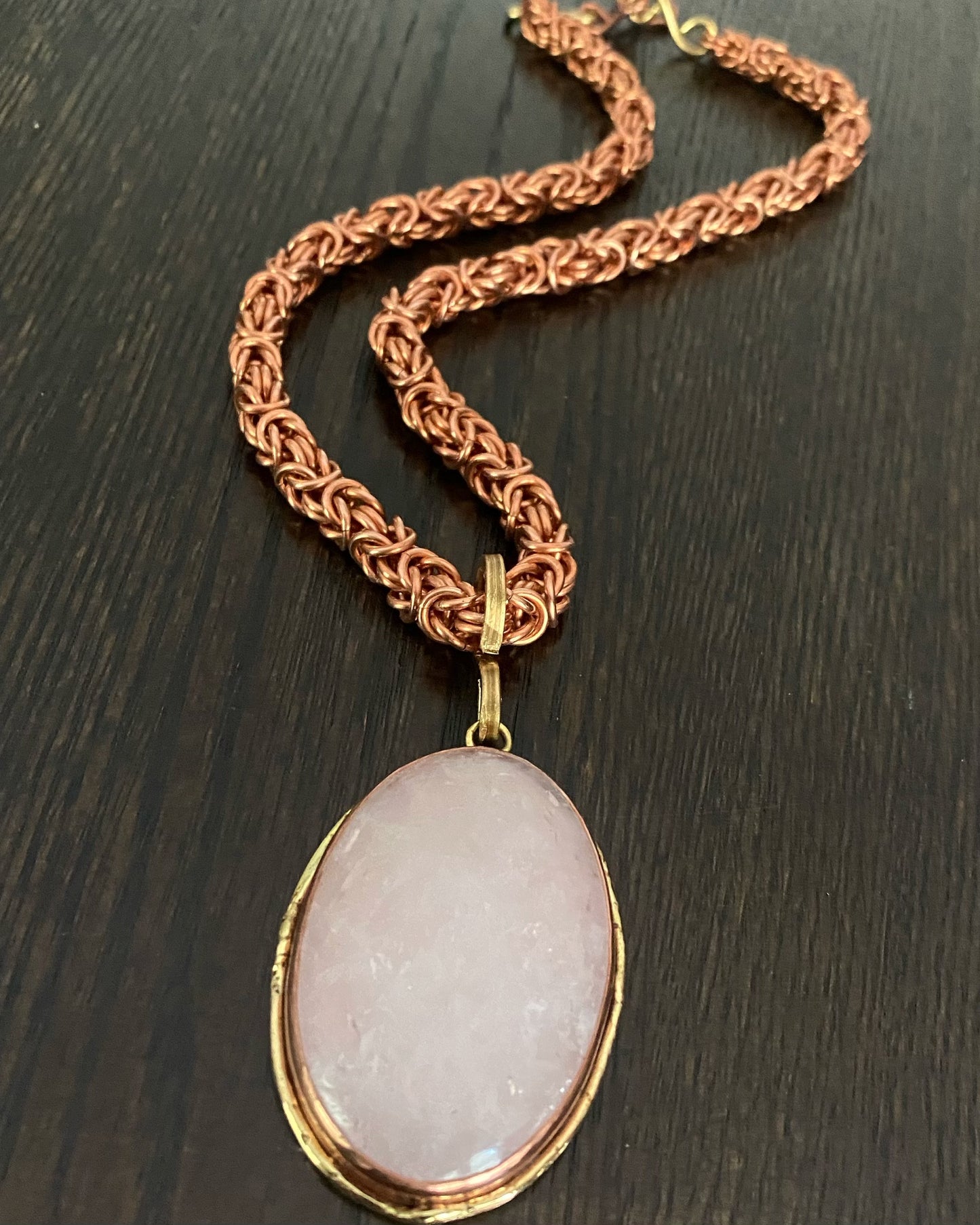 COPPER+BRASS/BRONZE+ROSE QUARTZ BYZANTINE NECKLACE