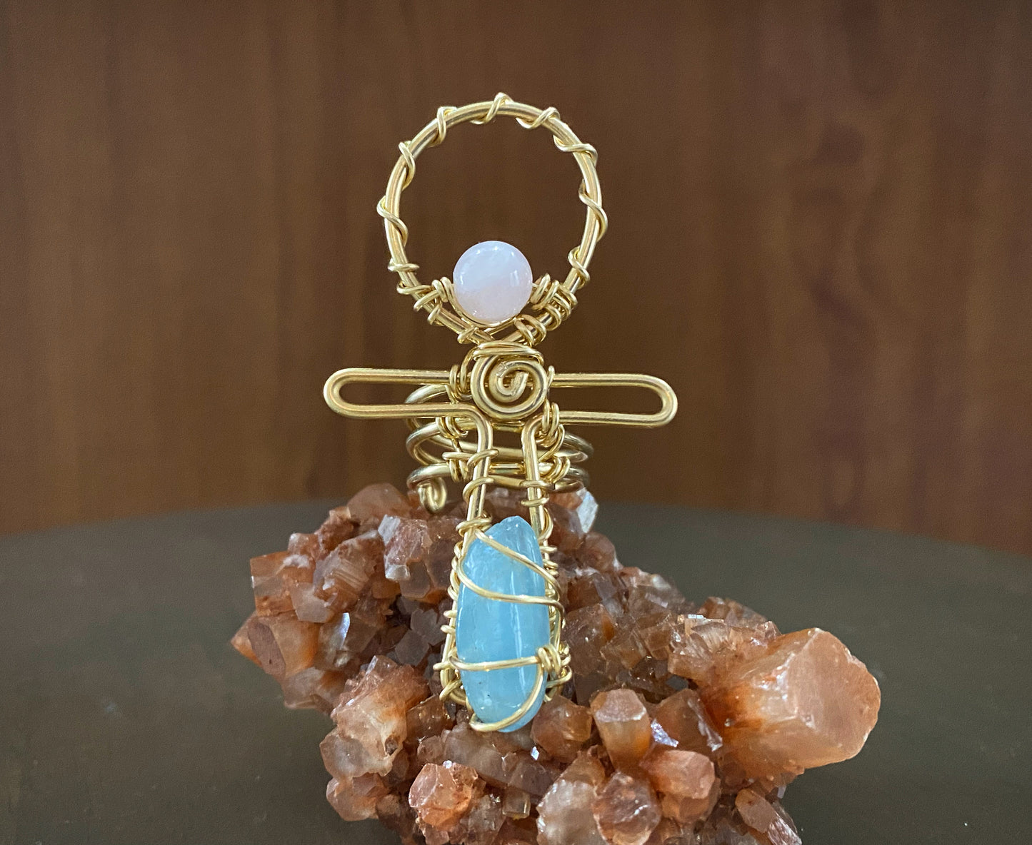 BRONZE+ROSE QUARTZ+AQUAMARINE ANKH RING
