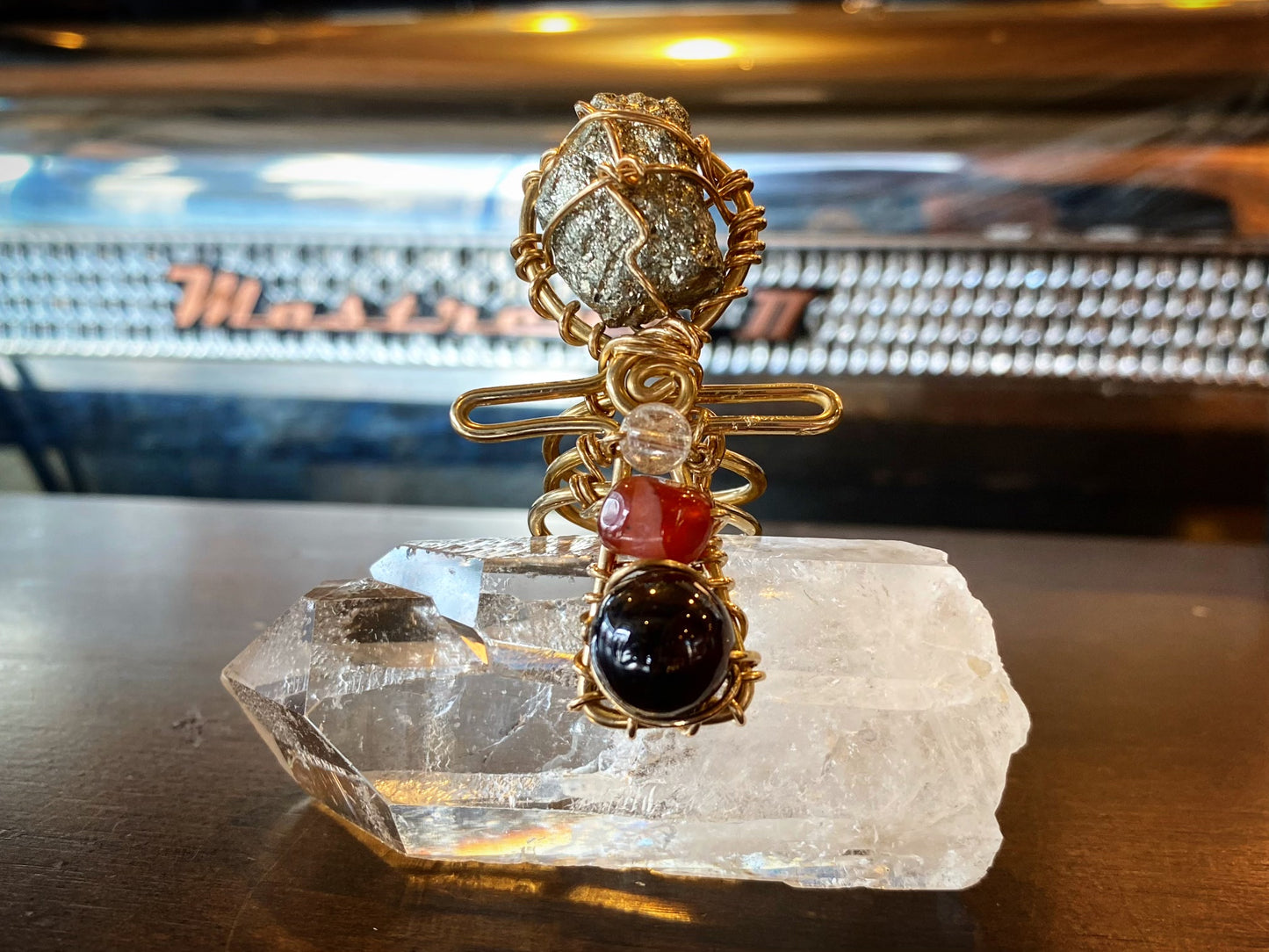 BRONZE+PYRITE+QUARTZ +CARNELIAN+GARNET ANKH RING