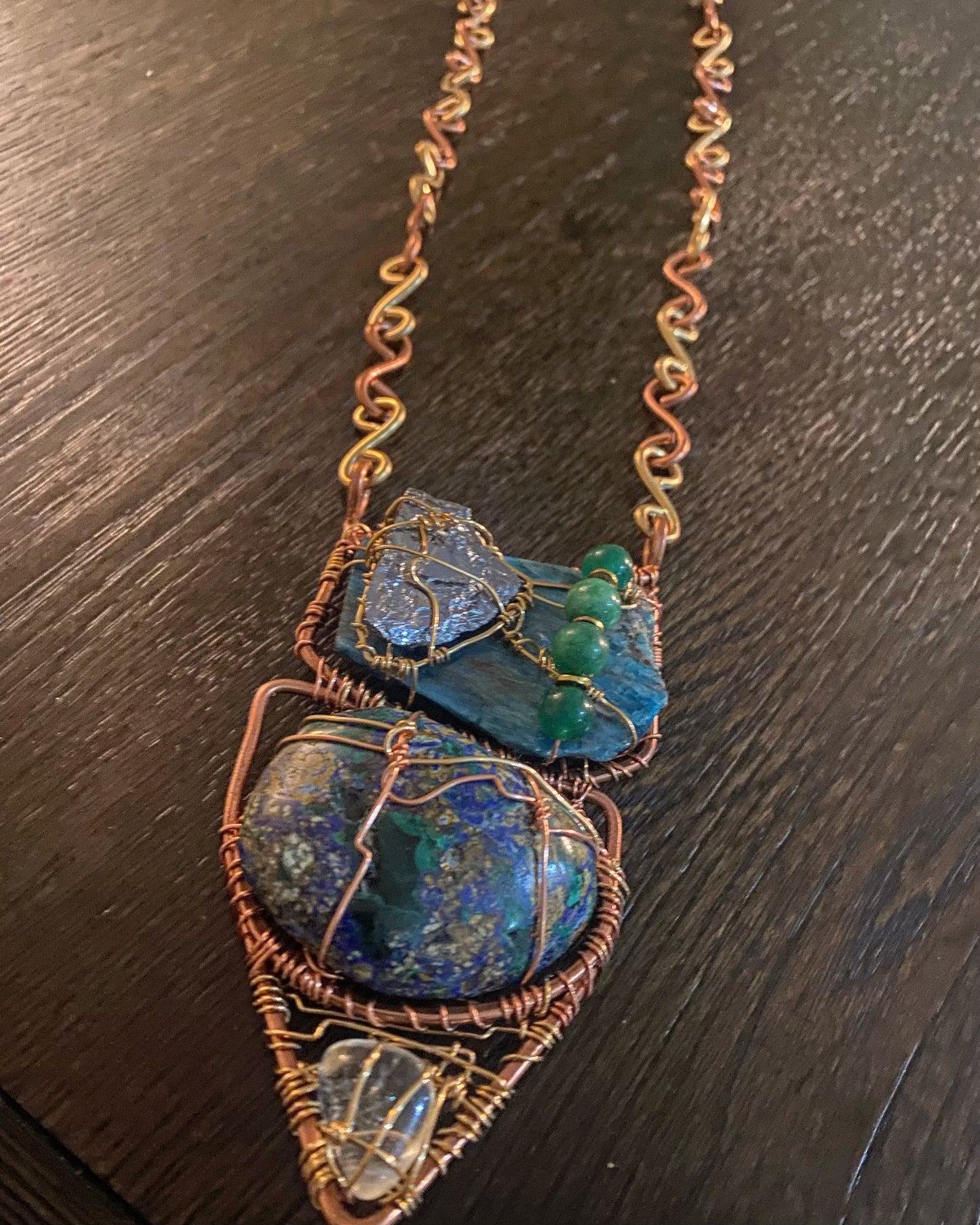 “BREATH OF LIFE” COPPER+BRONZE +CHRYSOCOLLA-AZURITE-MALACHITE +APATITE+SILICON+BLUE TOPAZ+AVENTURINE NECKLACE