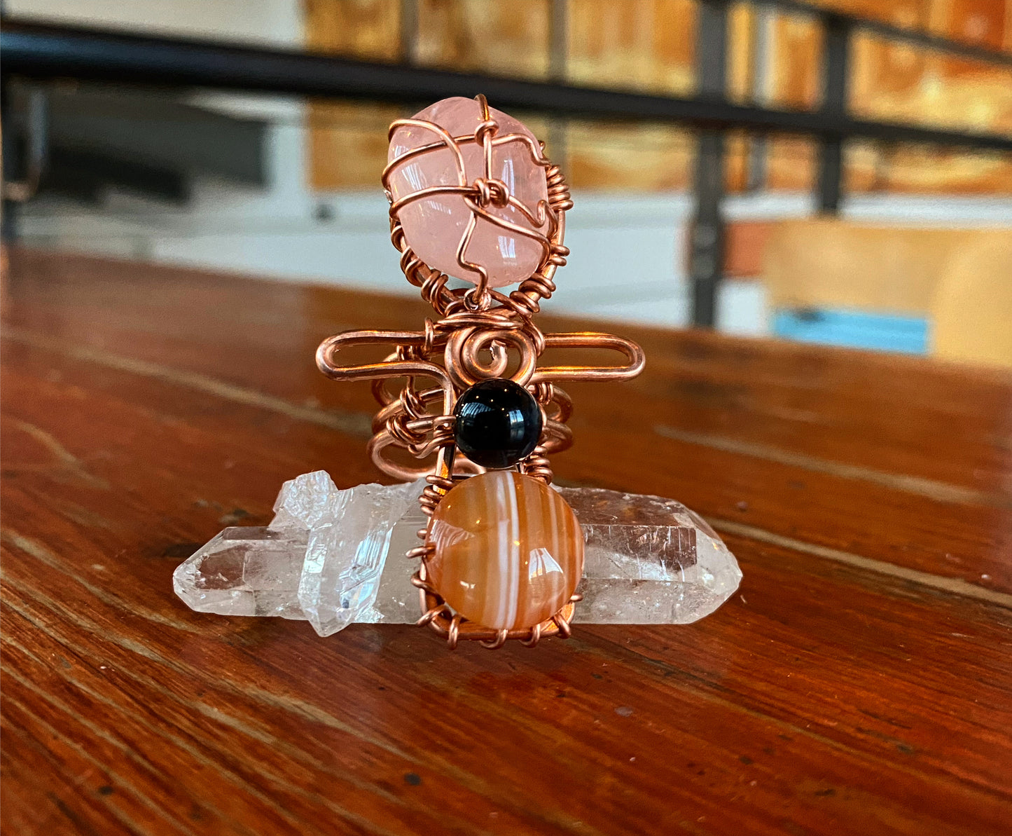 COPPER+ROSE QUARTZ+BLUE TIGERS EYE+BANDED CARNELIAN ANKH RING
