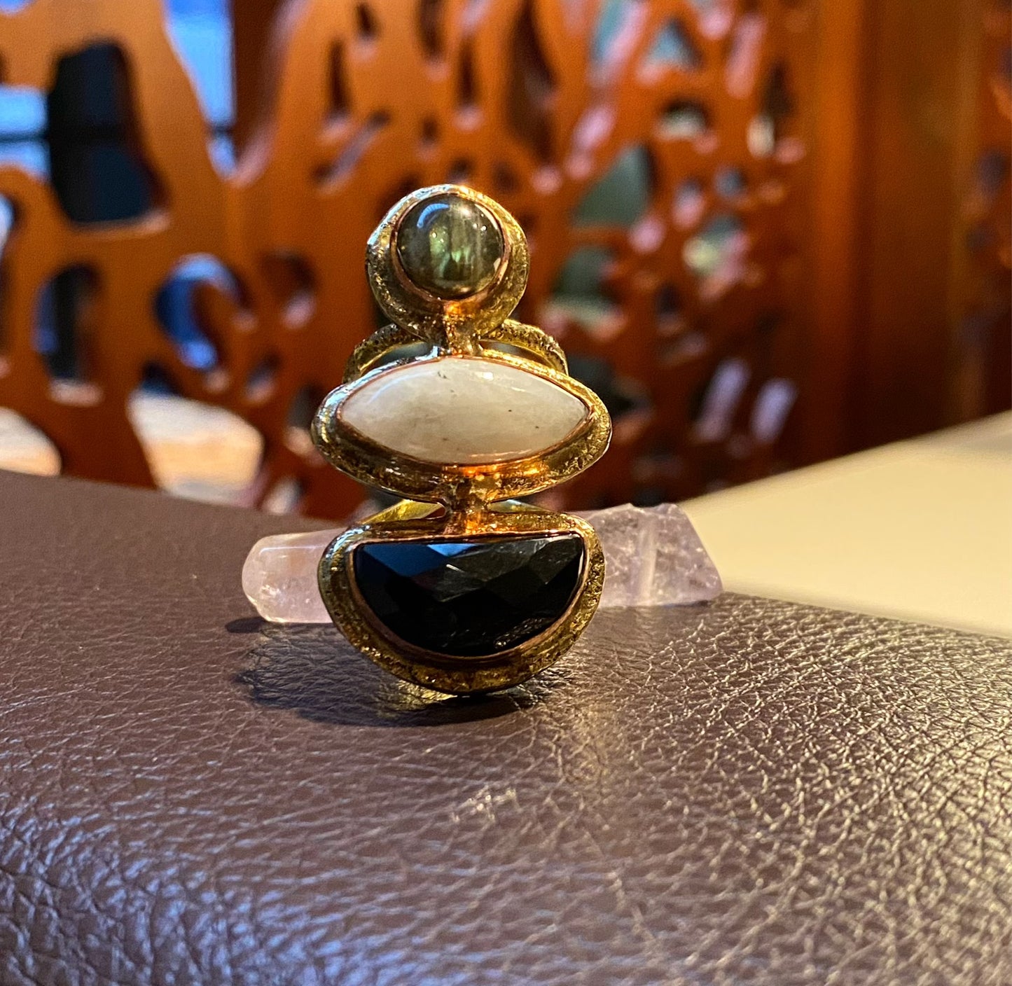 BRASS+COPPER+ LABRADORITE+ MOONSTONE+ONYX✨TRINITY✨RING