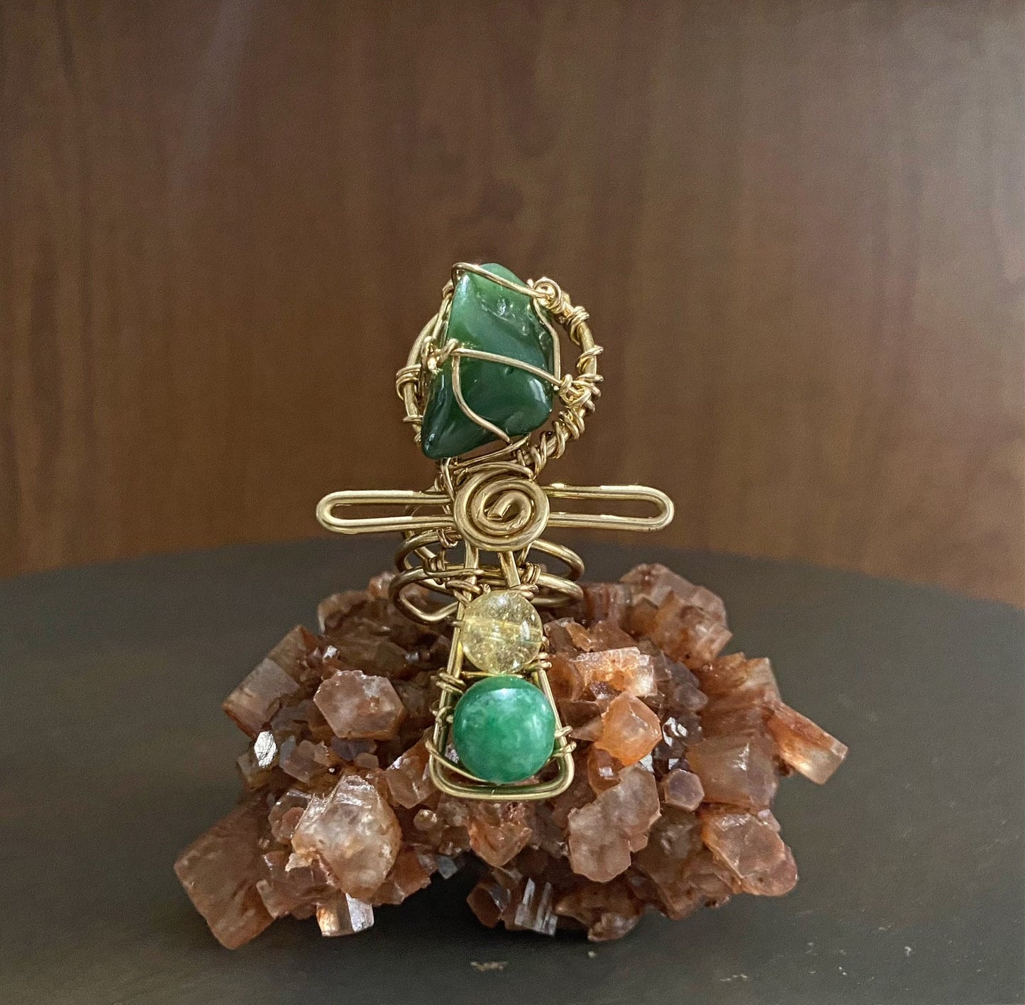 BRONZE+JADE+CITRINE+AVENTURINE ANKH RING