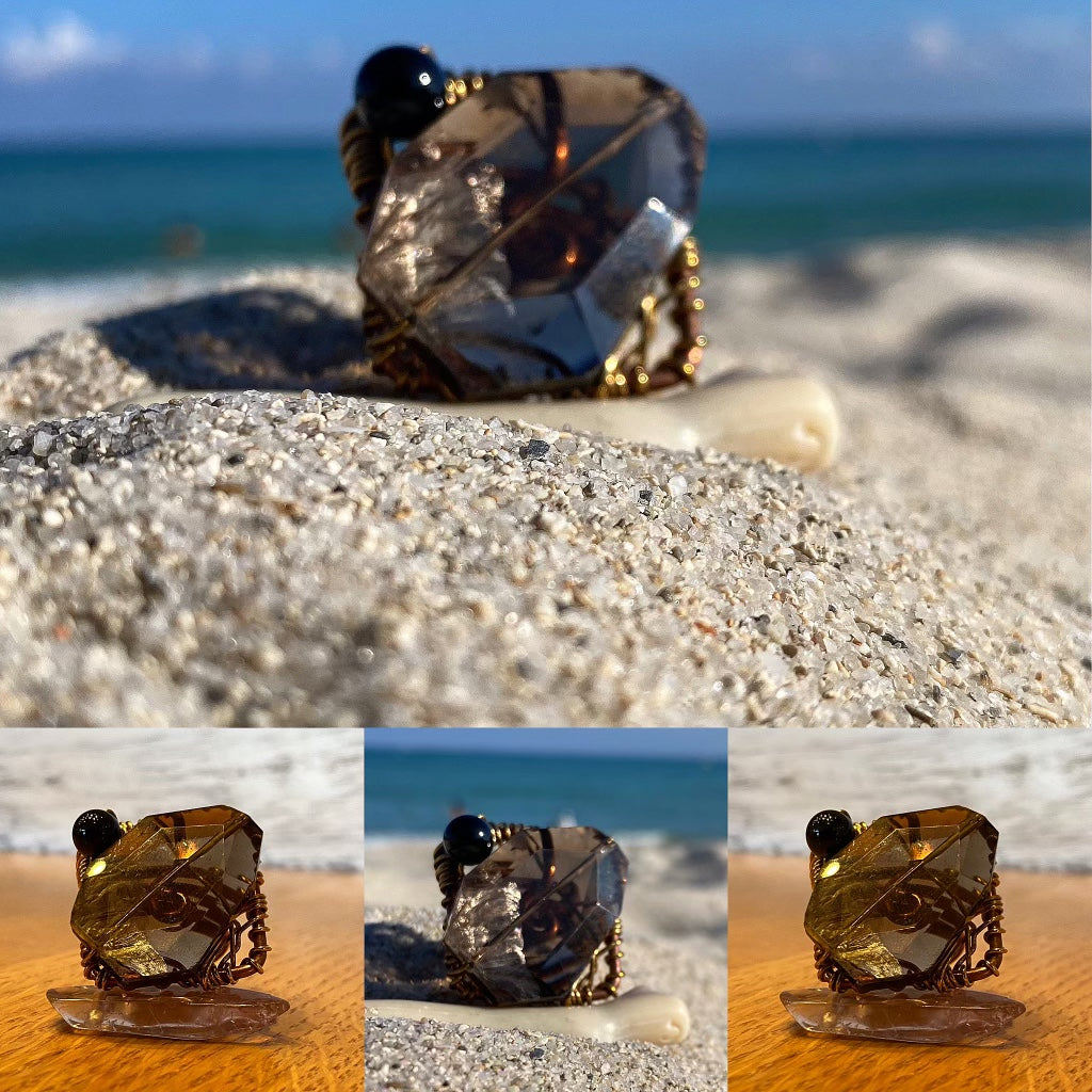 ✨EXQUISITE✨COPPER/BRONZE+SMOKEY QUARTZ+LAPIS LAZULI RING