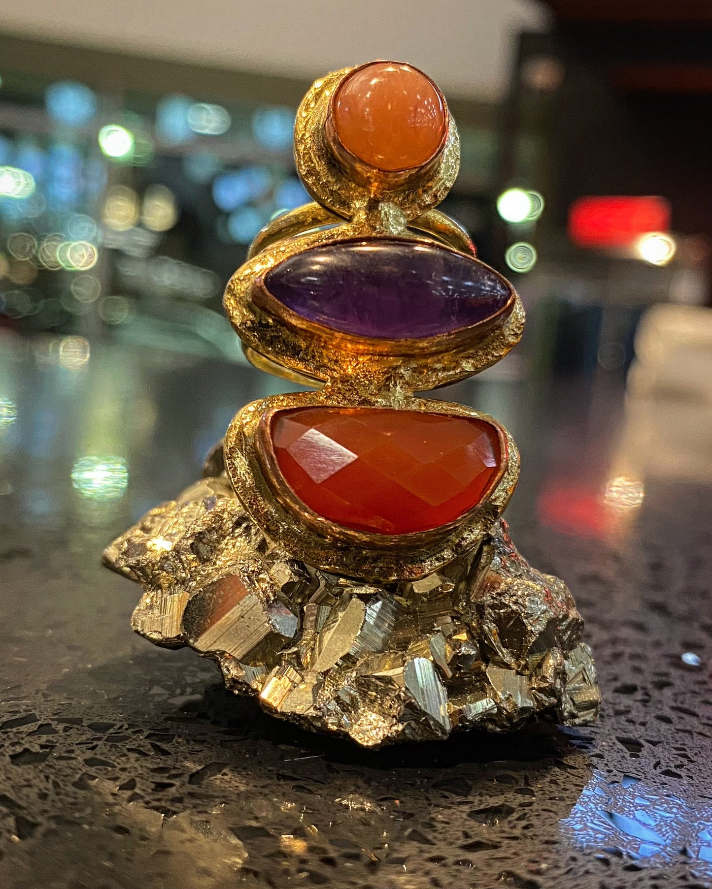 BRONZE+COPPER+RED AVENTURINE+AMETHYST+CARNELIAN RING
