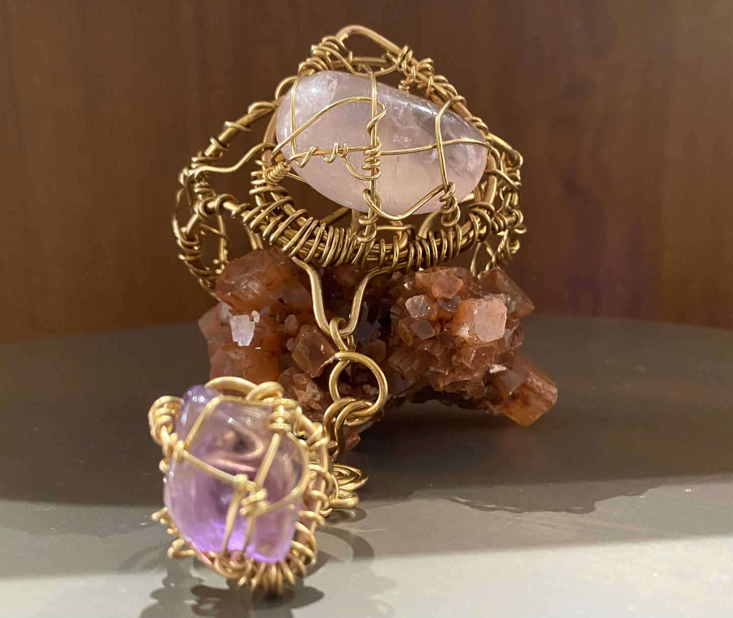 BRONZE+ROSE QUARTZ+AMETHYST RING BRACELET
