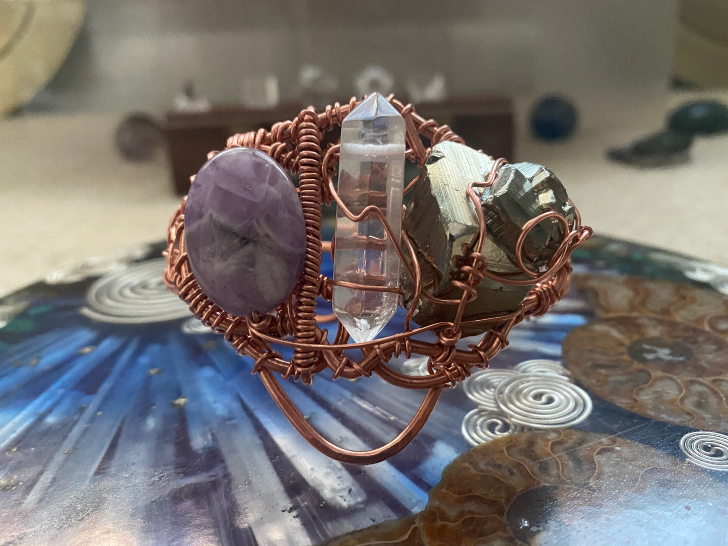 COPPER+AMETHYST+CLEAR QUARTZ+PYRITE CUFF BRACELET